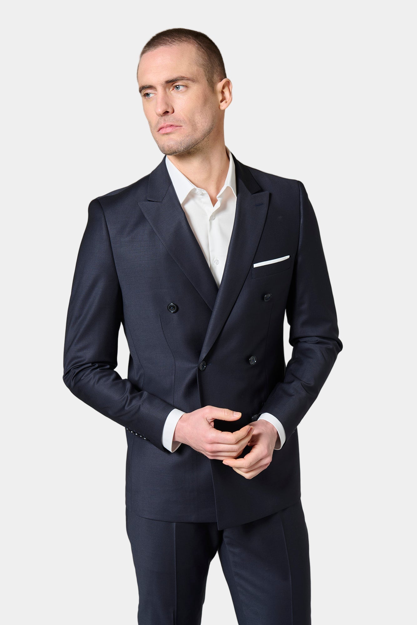 Veste de costume croisée bi-stretch en laine mélangée Jerem, col en pointe, entièrement doublée, poches passepoilées à rabat