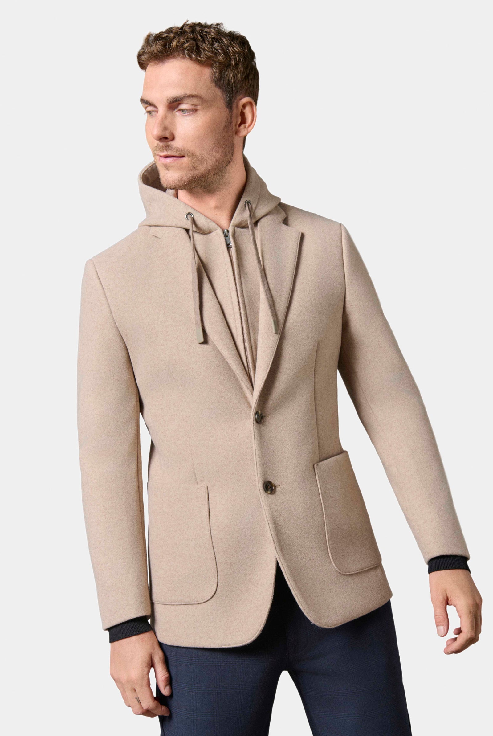 Veste capuche et plastron amovible en drap de laine Jerem, col cranté, entièrement doublée, poche poitrine