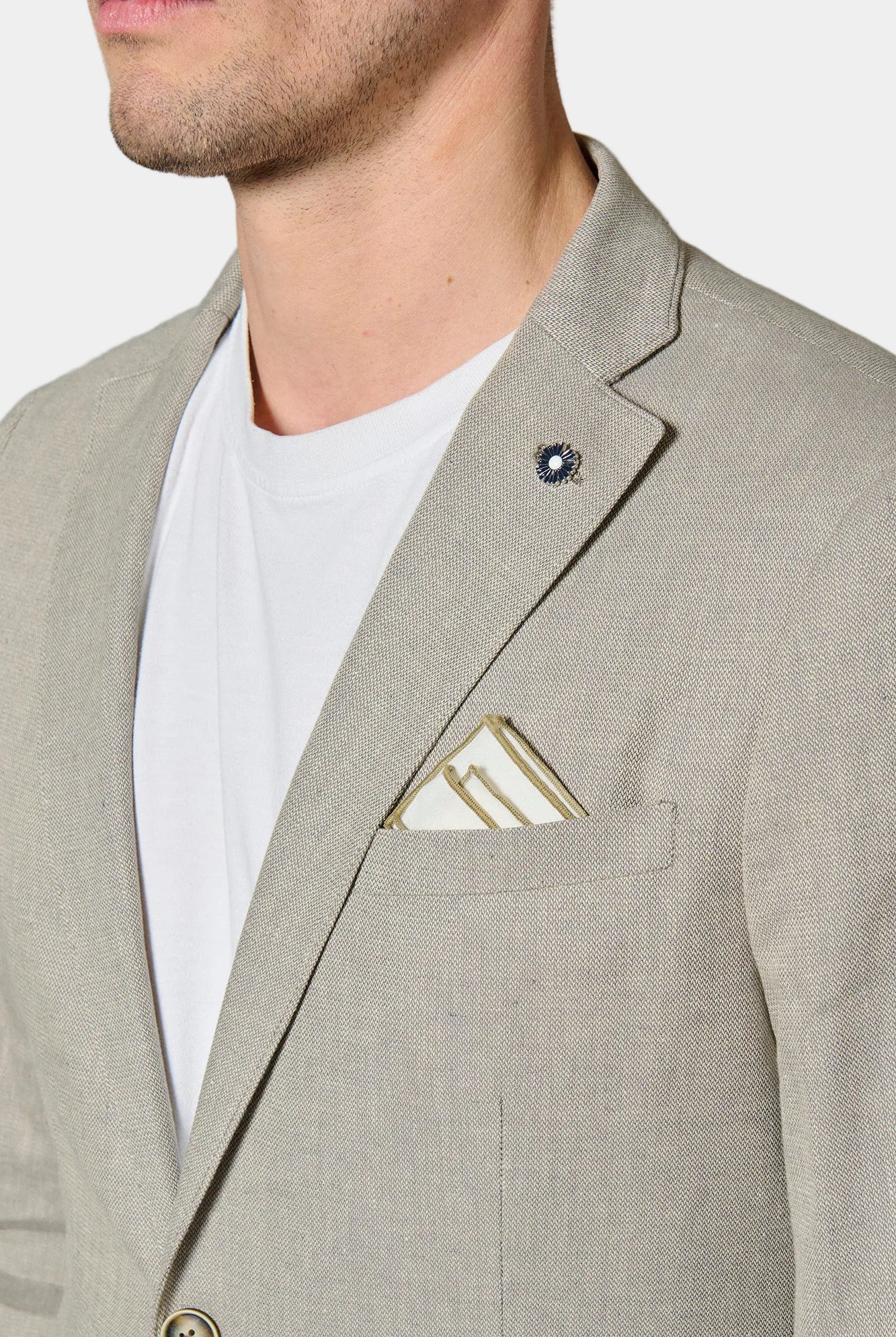 Chevron de coton-lin stretch — Veste estivale Jerem, intérieur semi-doublé, poches passepoilées à rabat