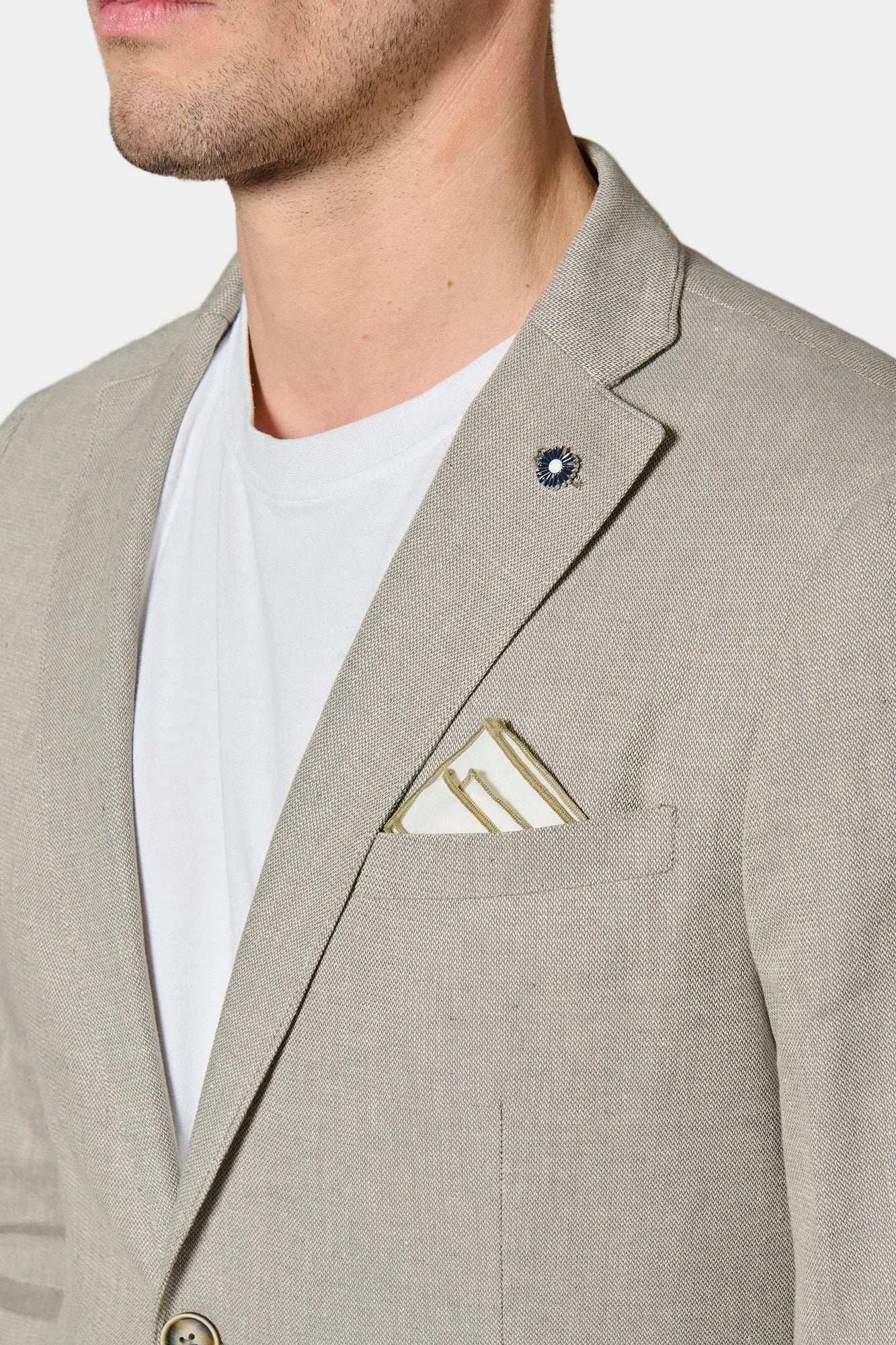 Chevron de coton-lin stretch — Veste estivale Jerem, intérieur semi-doublé, poches passepoilées à rabat