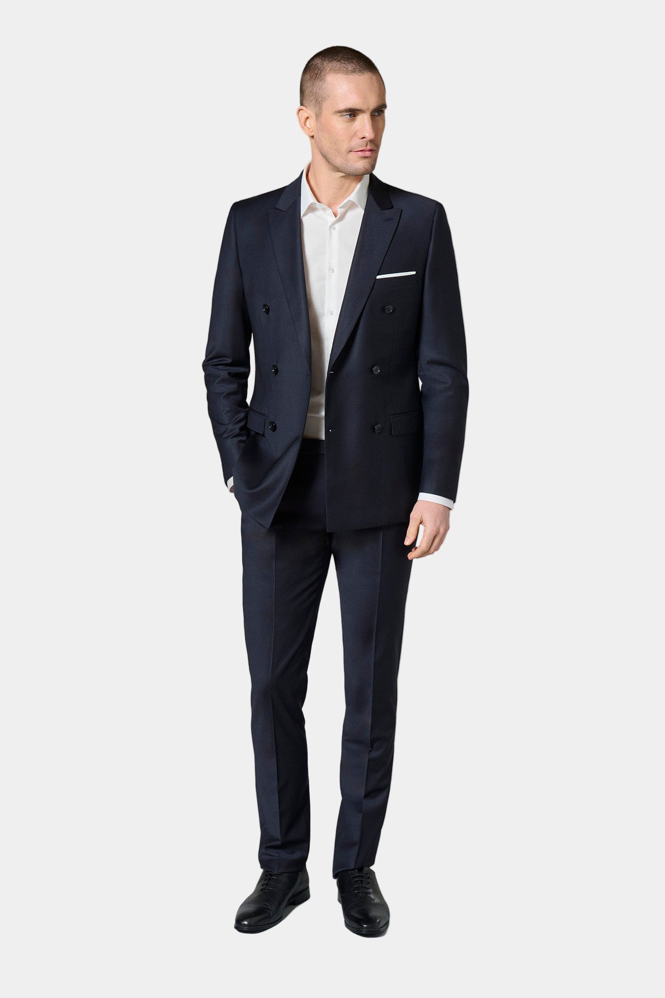 Laine mélangée — Veste de costume croisée bi-stretch Jerem, poches passepoilées à rabat, poche poitrine
