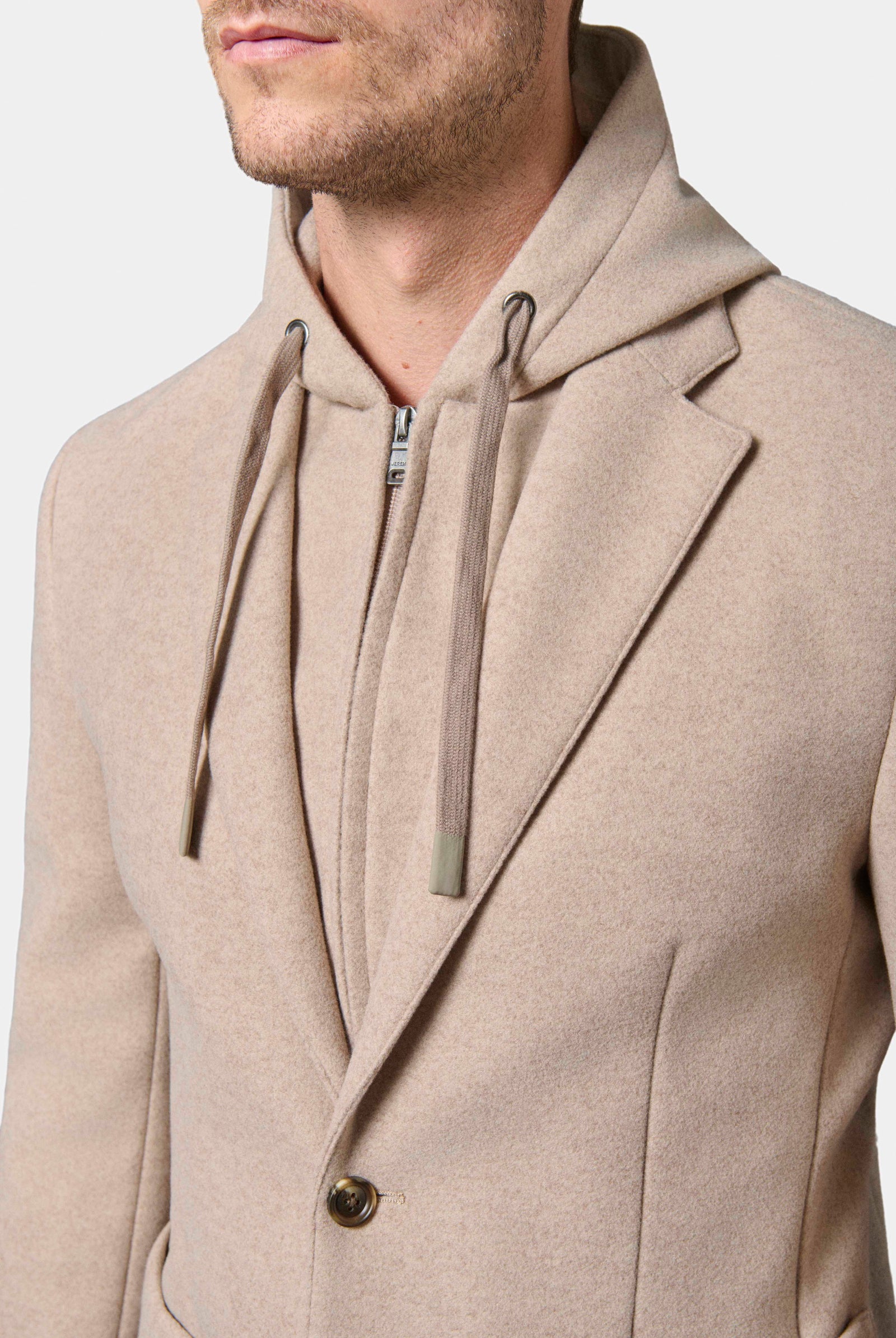 Drap de laine — Veste capuche et plastron amovible Jerem, poche poitrine, simple boutonnage