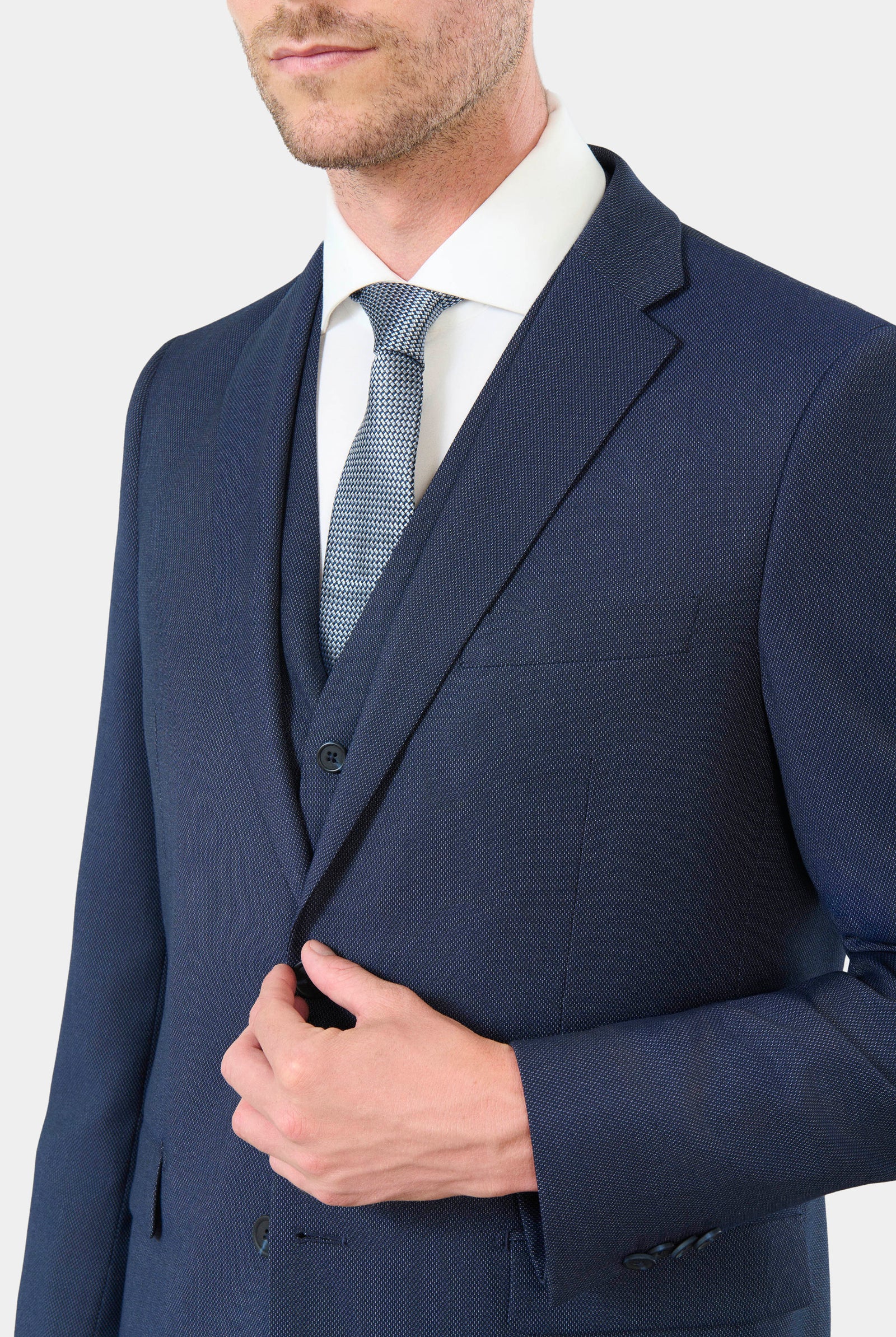 Piqué stretch faux-uni — Veste de costume coupe classique Jerem, poches passepoilées à rabat, poche poitrine