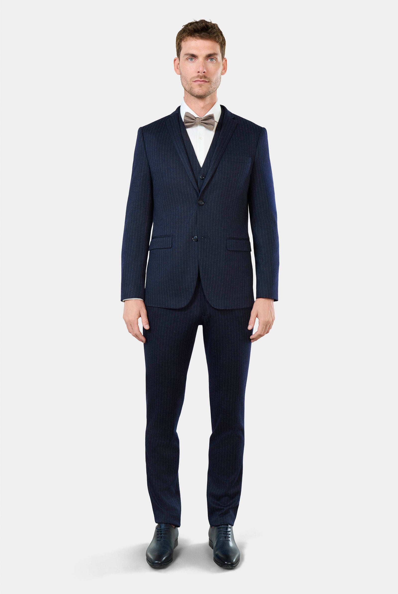Veste de costume extra-slim, maille de laine mélangée rayures craie Jerem, simple boutonnage, boutons de poignet