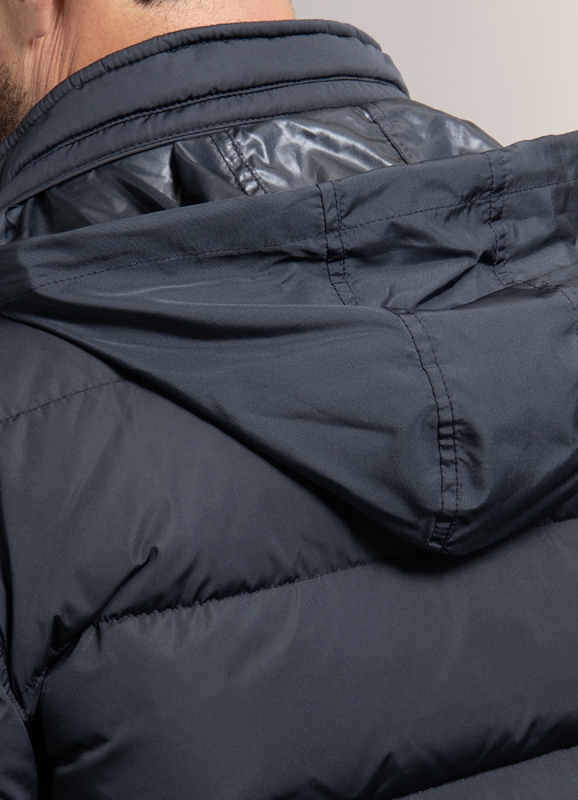 Long down jacket with concealed hood