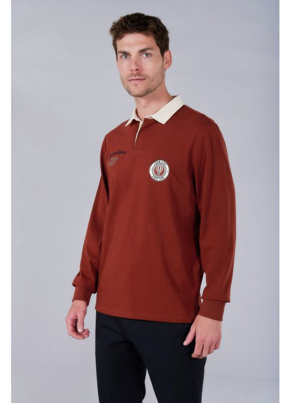 Rugby style polo shirt with embroidered patch