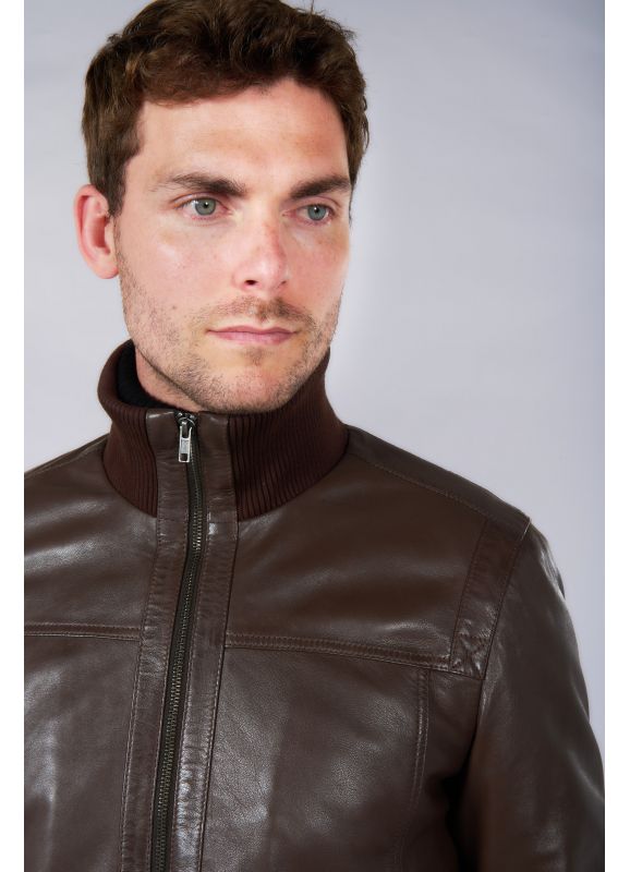 Leather jacket with stand up collar