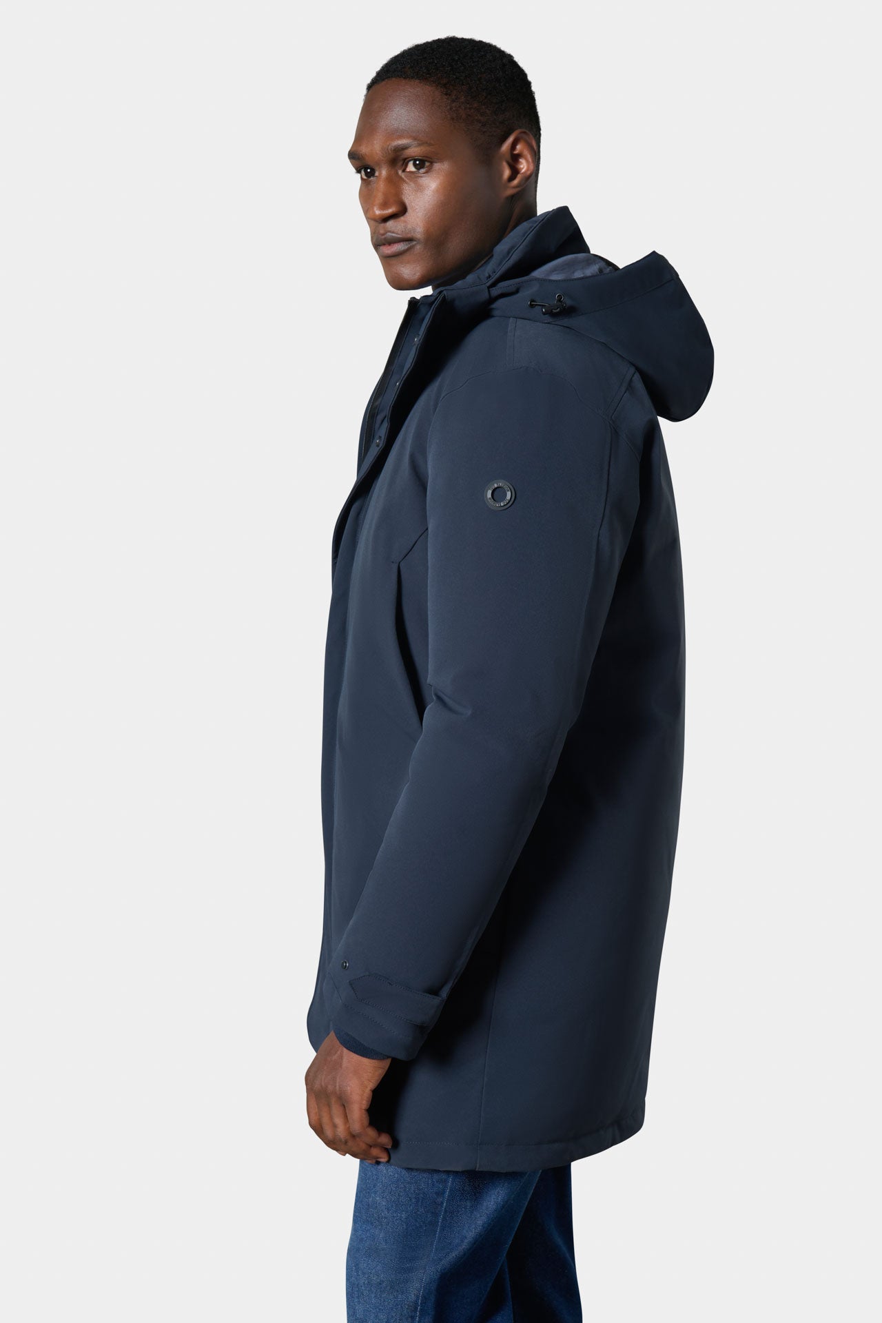 Parka à capuche homme bleu marine Jerem — vue de profil, capuche relevée