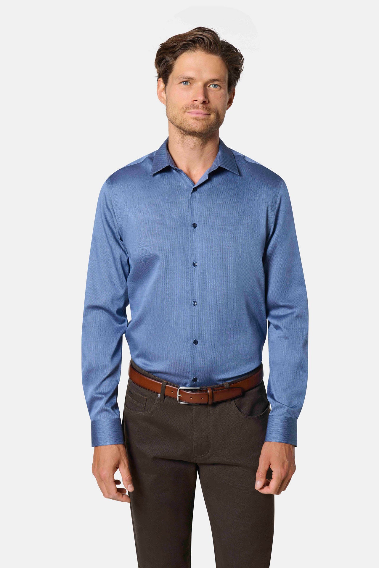 Chemise droite à micro-motif bleu sans repassage Jerem Paris