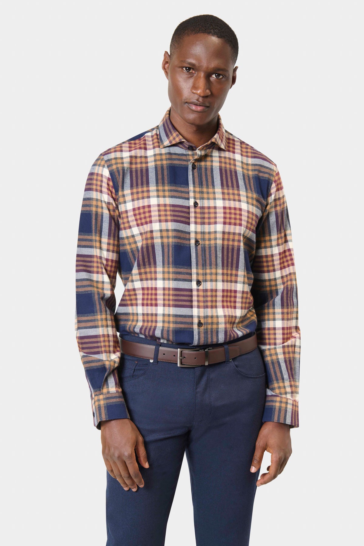 Chemise à carreaux col semi-italien en pur coton Jerem Paris