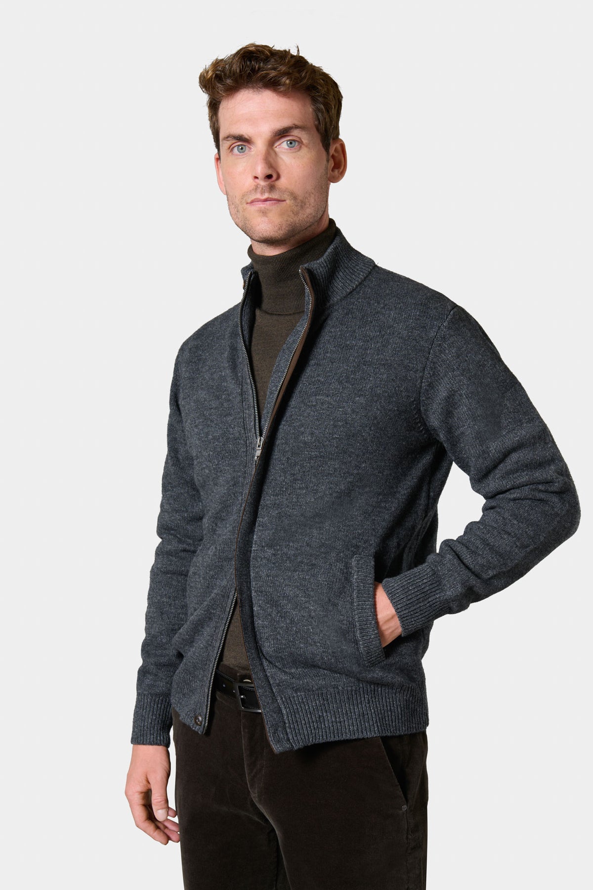 Zip-up high-neck cardigan in wool knit