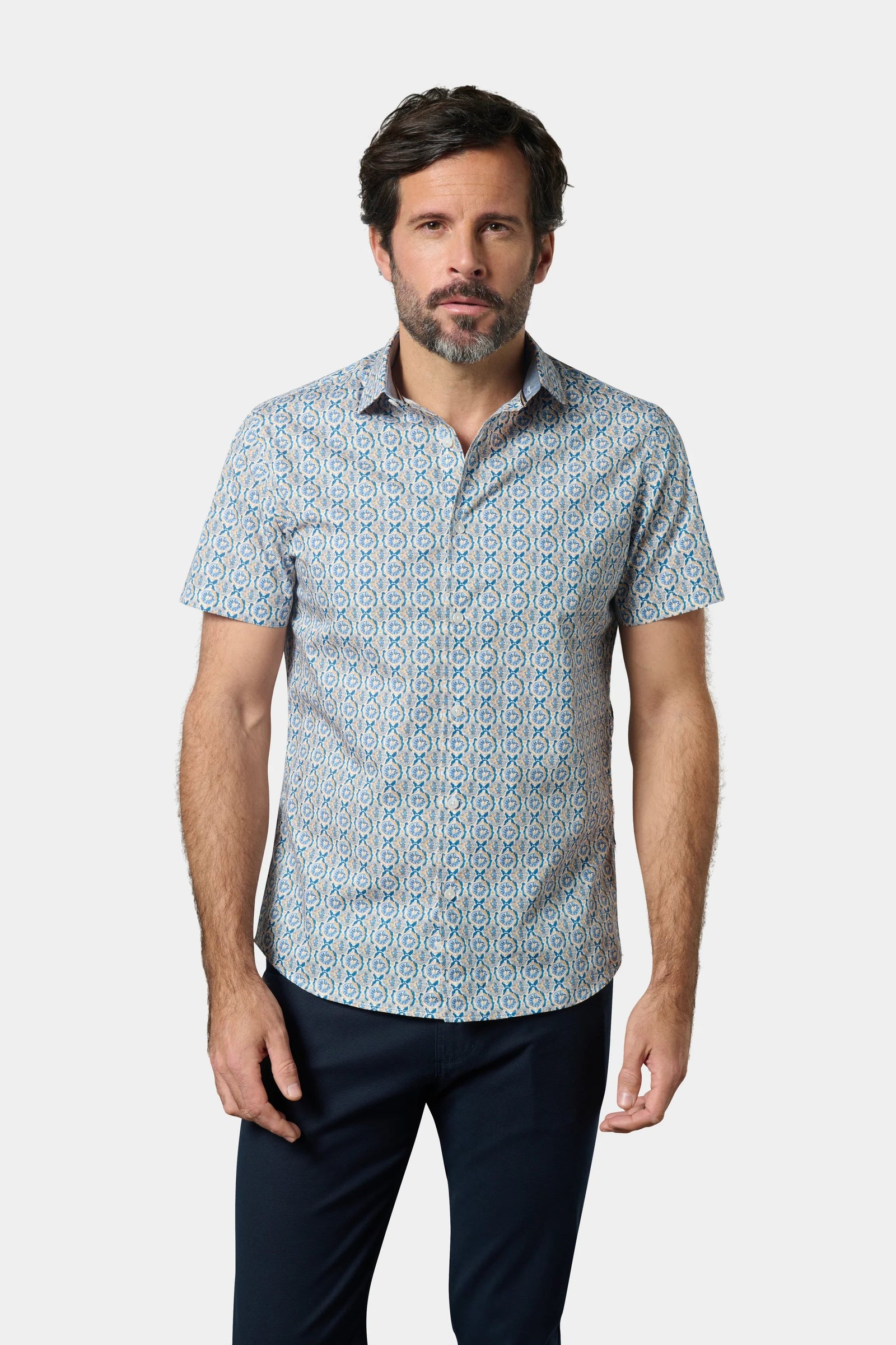 Chemise manches courtes en popeline de coton imprimé fantaisie - regular fit Jerem, col classique