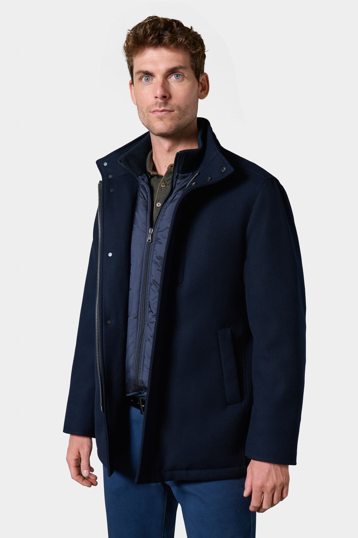 Manteau mi-long col montant à plastron amovible