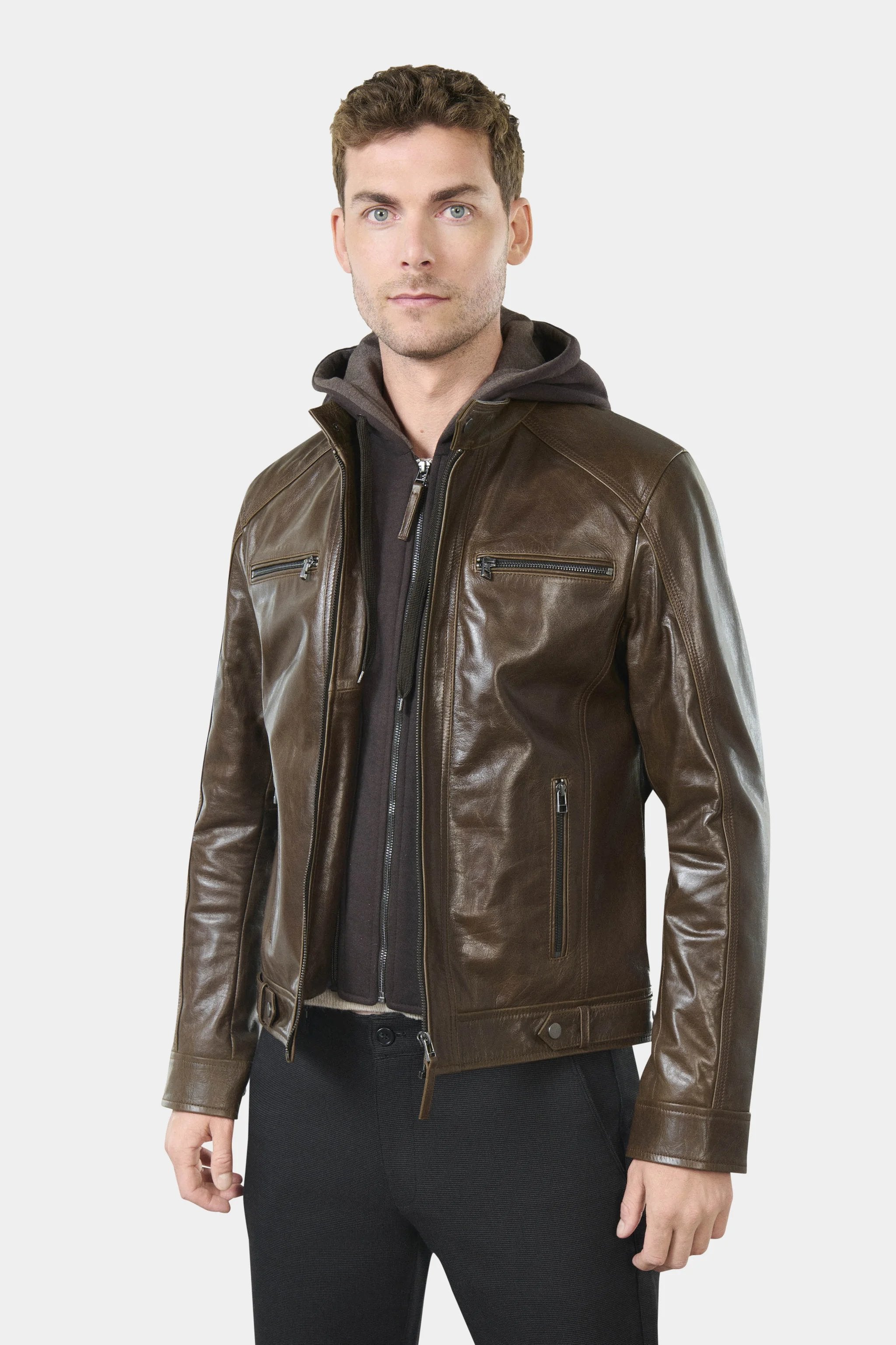 Blouson en cuir avec capuche amovible en molleton Brilo Jerem, coupe ajustée