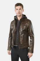 Blouson en cuir avec capuche amovible en molleton Brilo Jerem, coupe ajustée