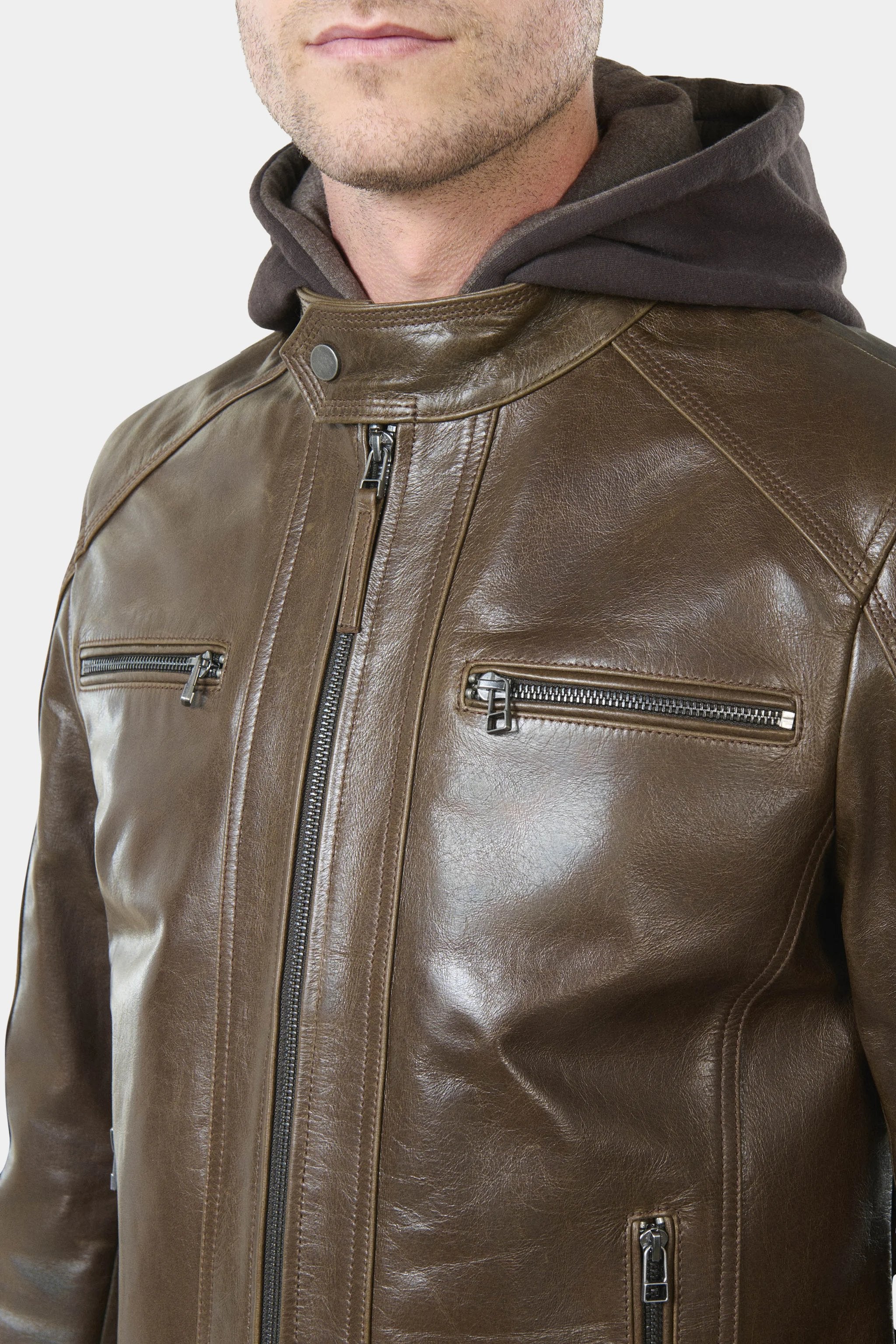 Blouson, cuir avec capuche amovible en molleton Brilo Jerem, coupe ajustée