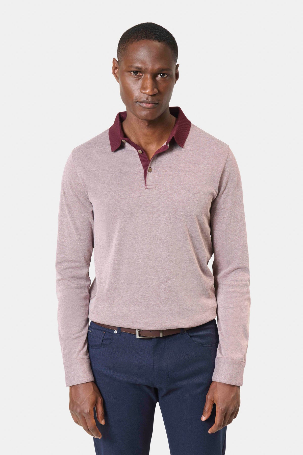 Polo manches longues en piqué col jacquard Jerem Paris