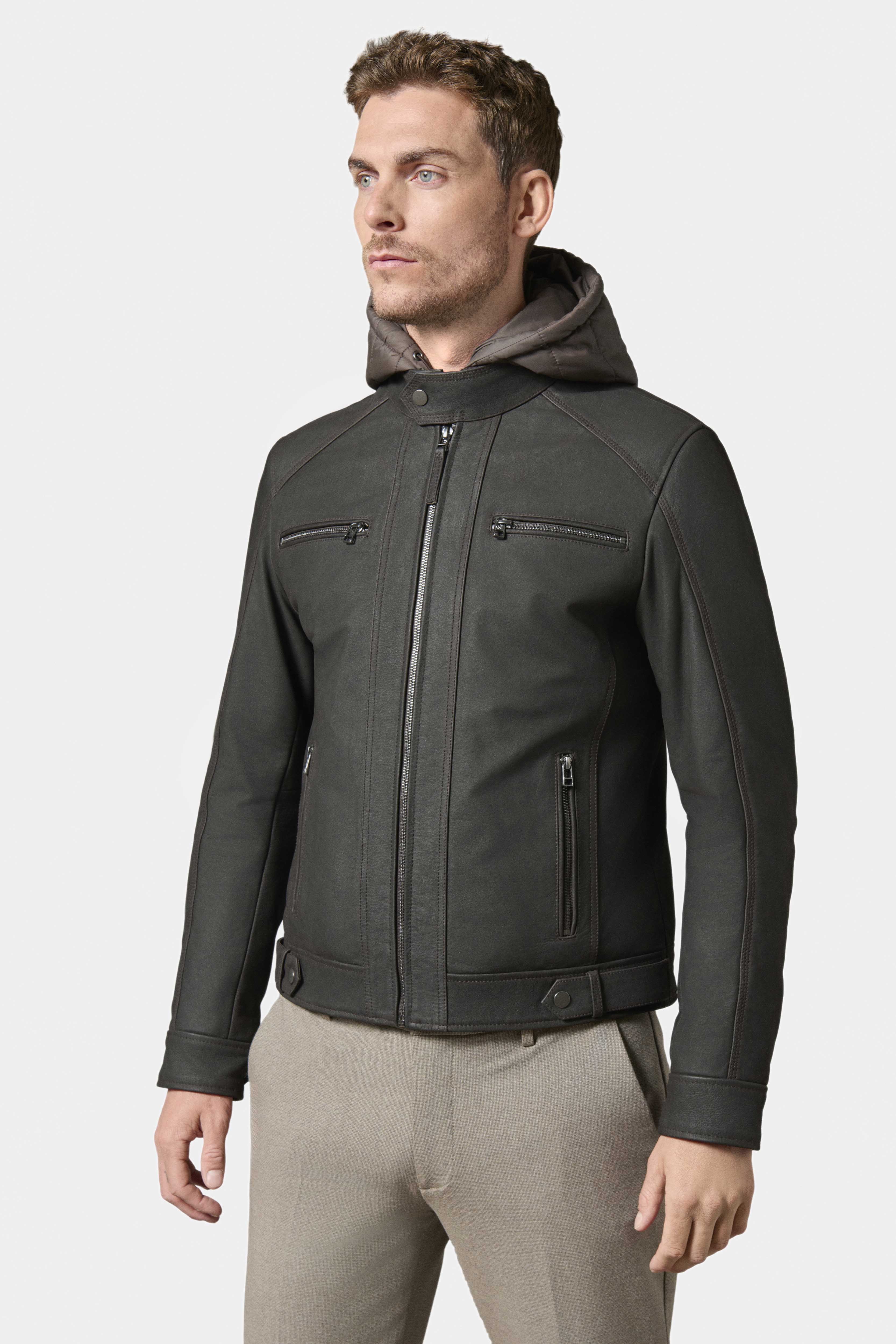 Blouson en cuir avec capuche amovible Jerem