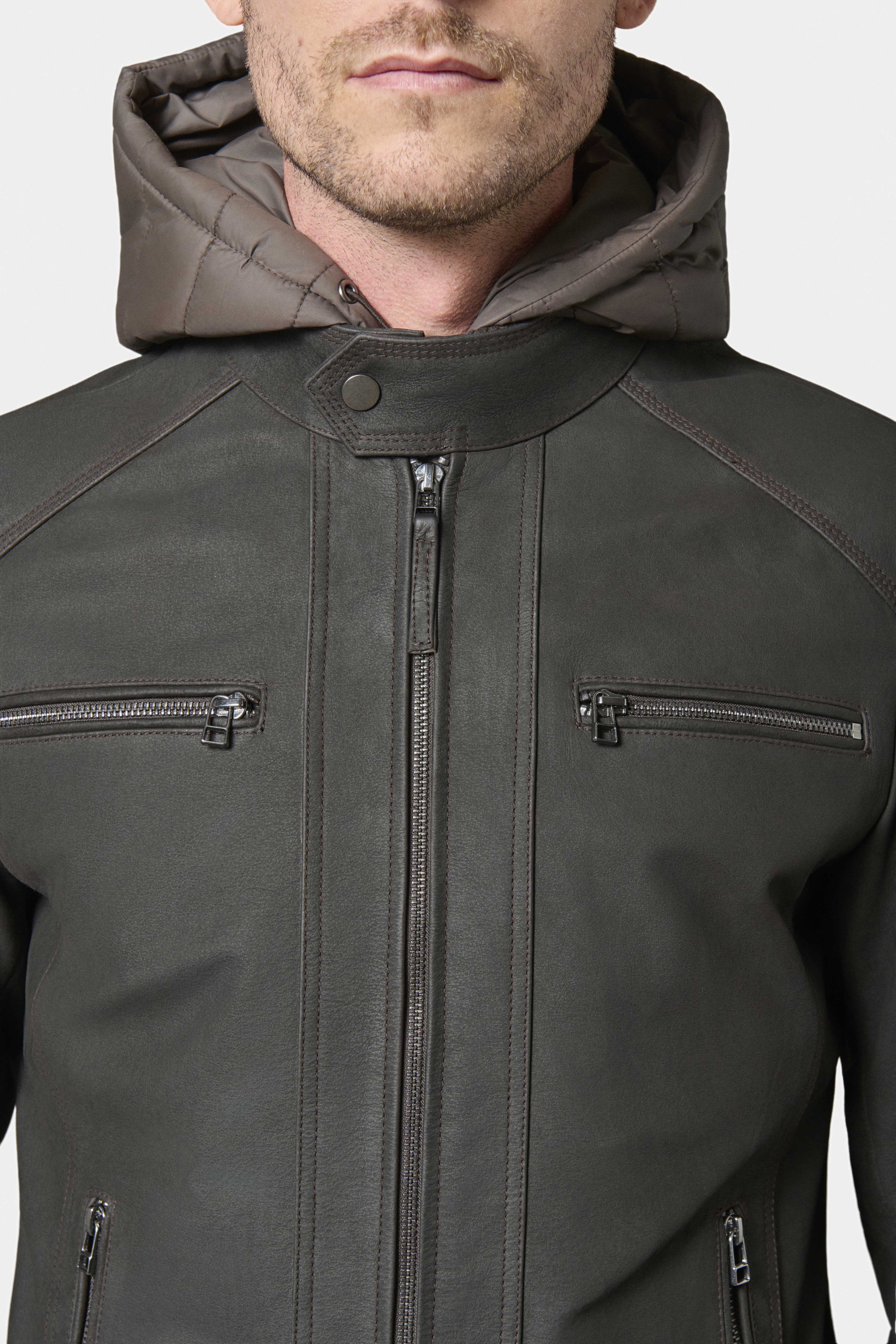 Blouson, cuir avec capuche amovible Jerem