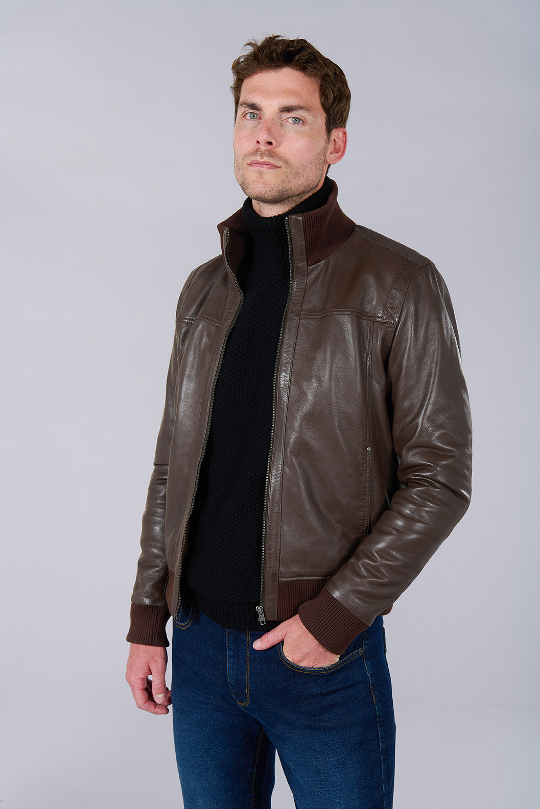 Blouson en cuir col montant, Jerem