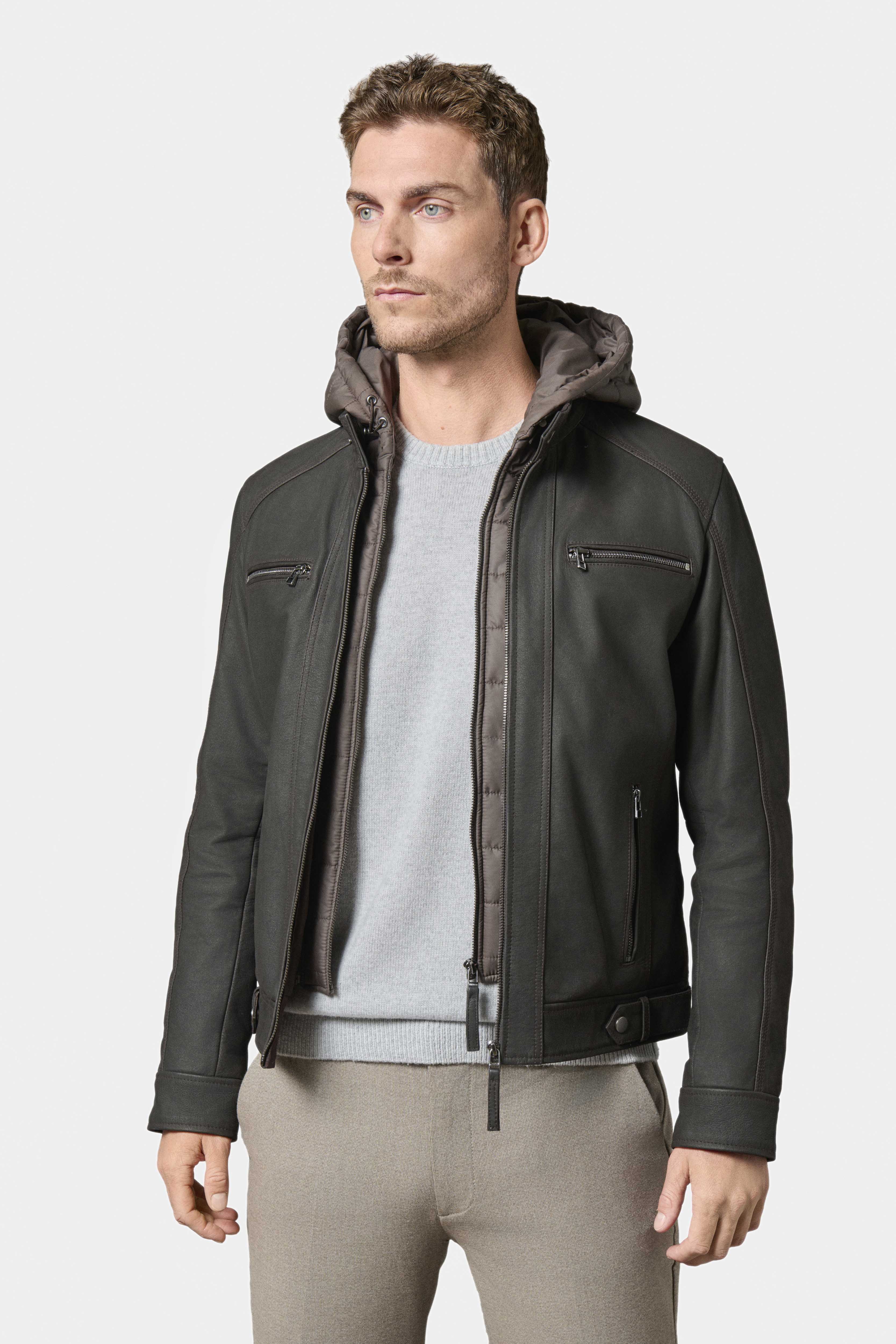 Blouson en cuir avec capuche amovible, Jerem