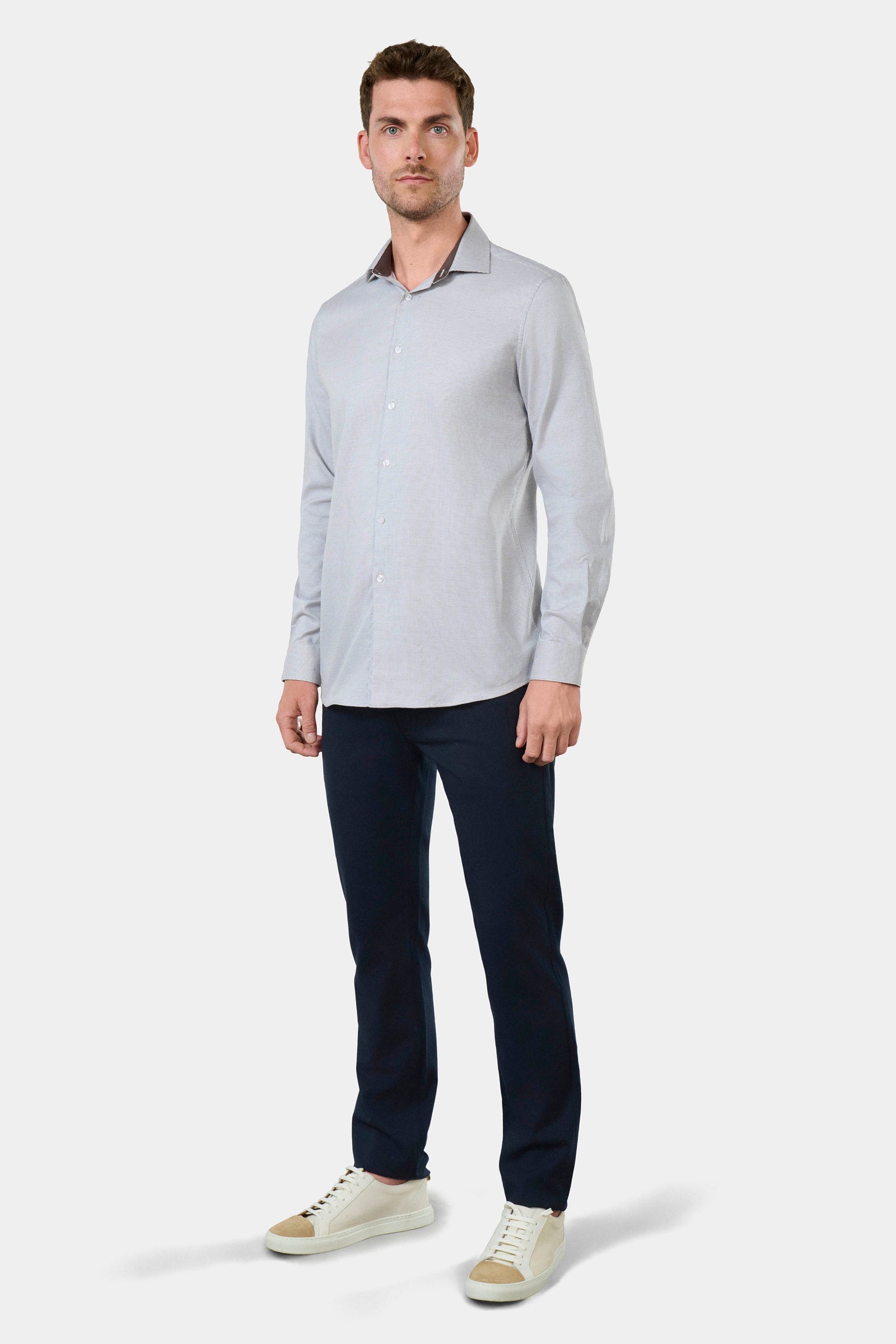 Chemise bicolore texturée en coton repassage facile coupe ajustée col semi-italien Jerem, repassage facile, col semi-italien