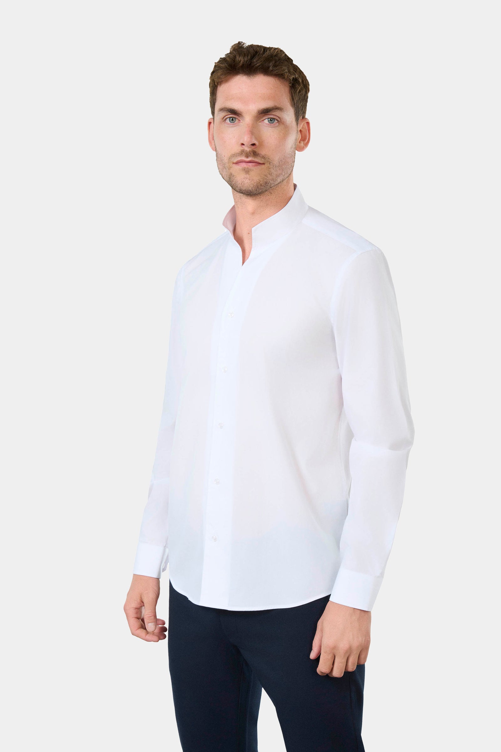 Chemise en popeline de coton col montant ouvert coupe ajustée Jerem, coupe ajustée