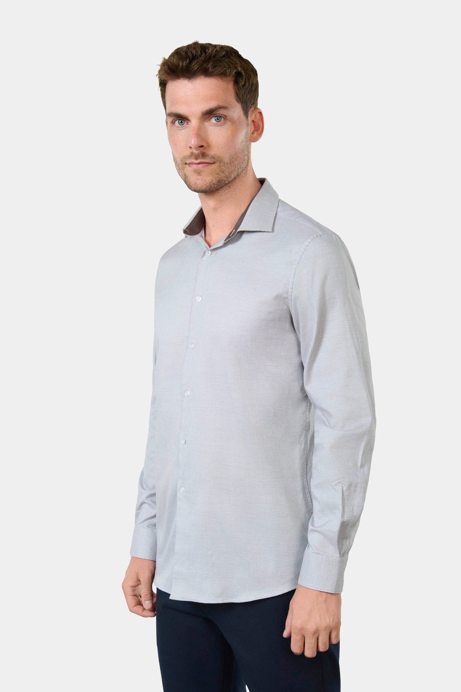 Chemise bicolore texturée en coton repassage facile ajustée col semi-italien Jerem, col semi-italien, coupe ajustée