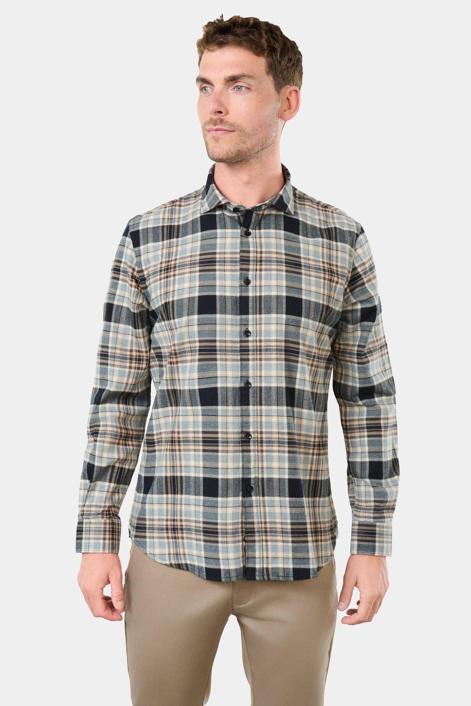 Chemise en coton brossé carreaux semi-italien coupe confortable, Jerem
