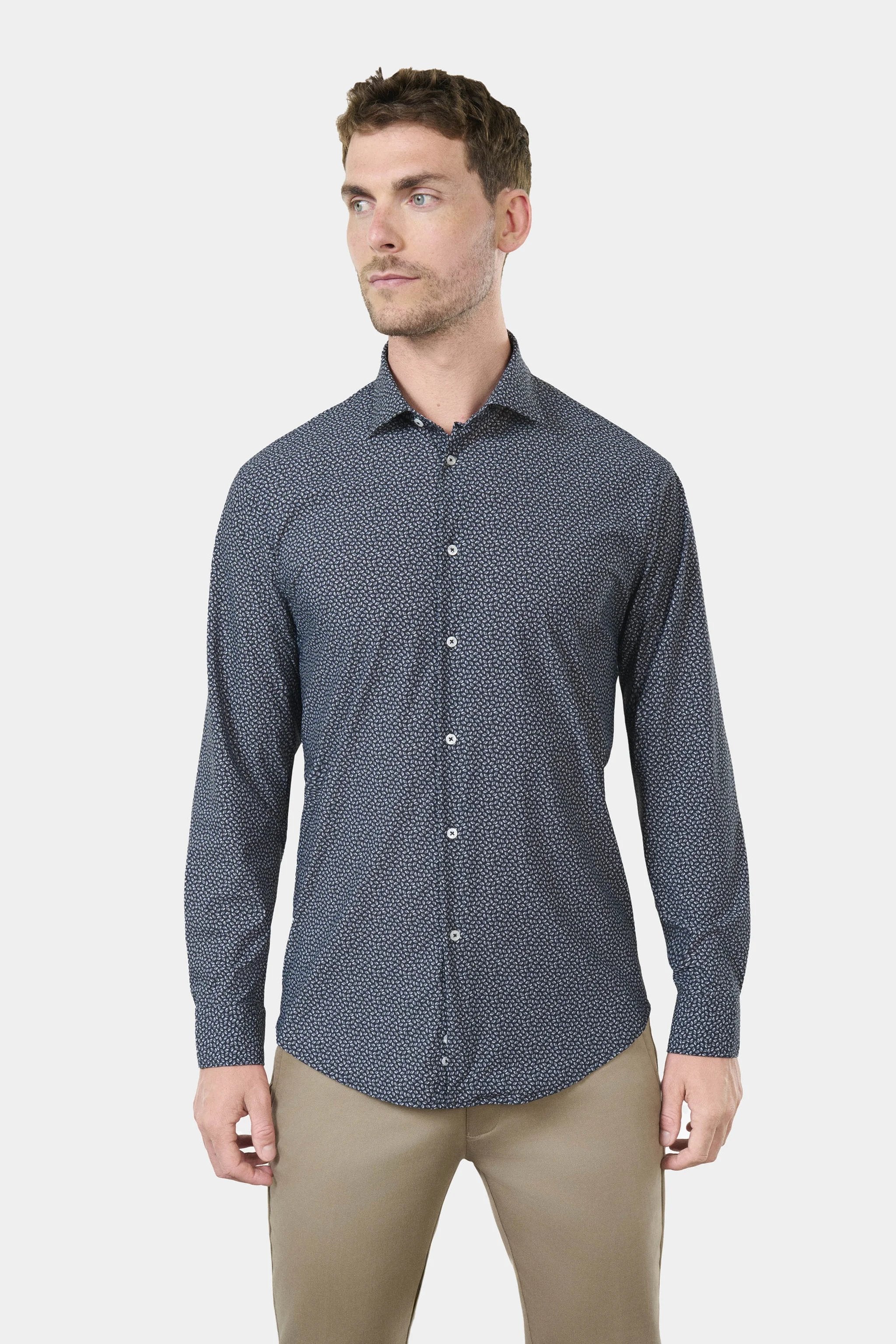 Chemise imprimée fantaisie en matière stretch infroissable slim fit ligne activewear Jerem, col semi-italien