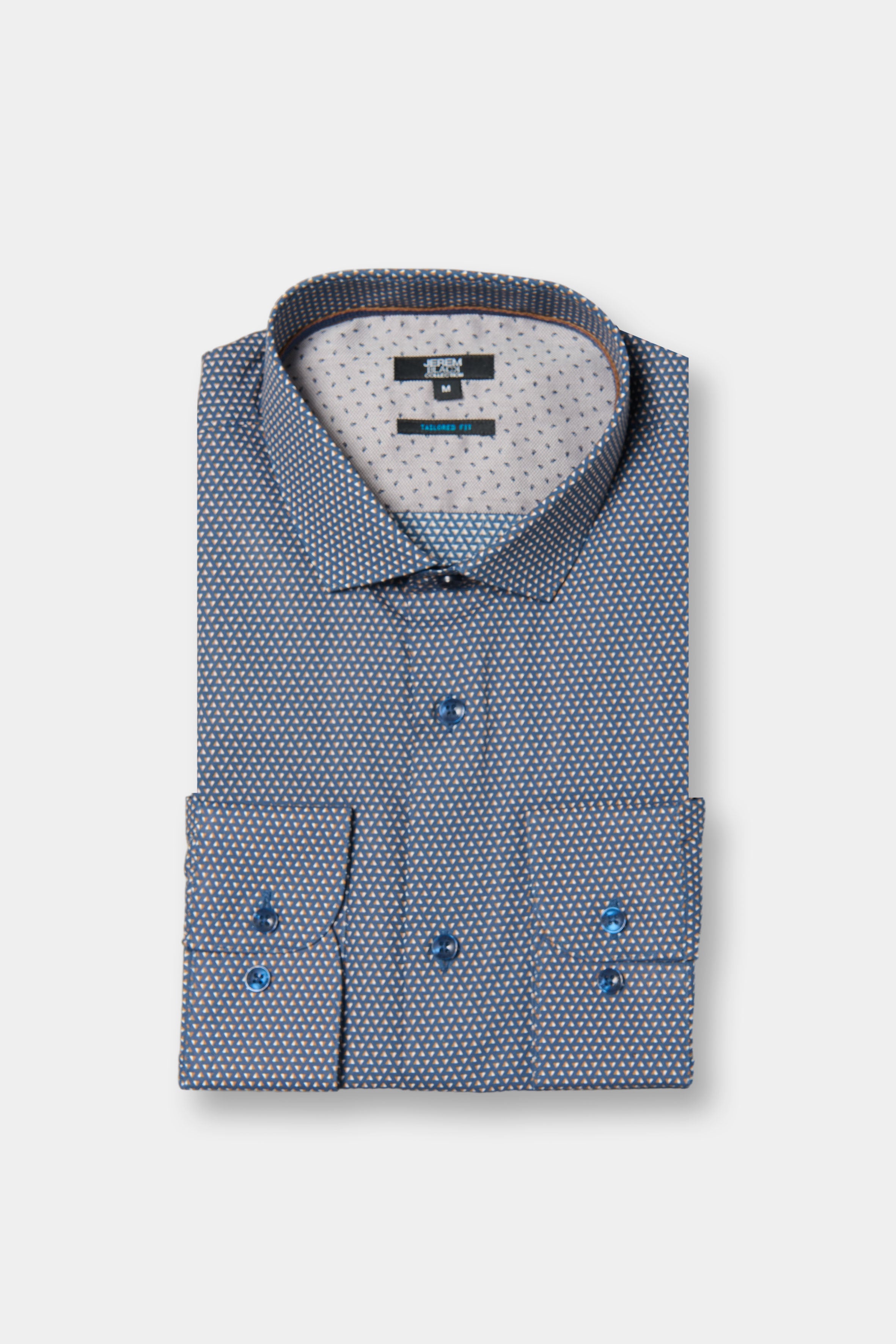 ligne jerem black 
 chemise imprimée à motifs géométriques 
 coupe ajustée avec pinces au dos 
 petit col italien avec baleine amovible 
 poignets carrés à un bouton 
 gros g...