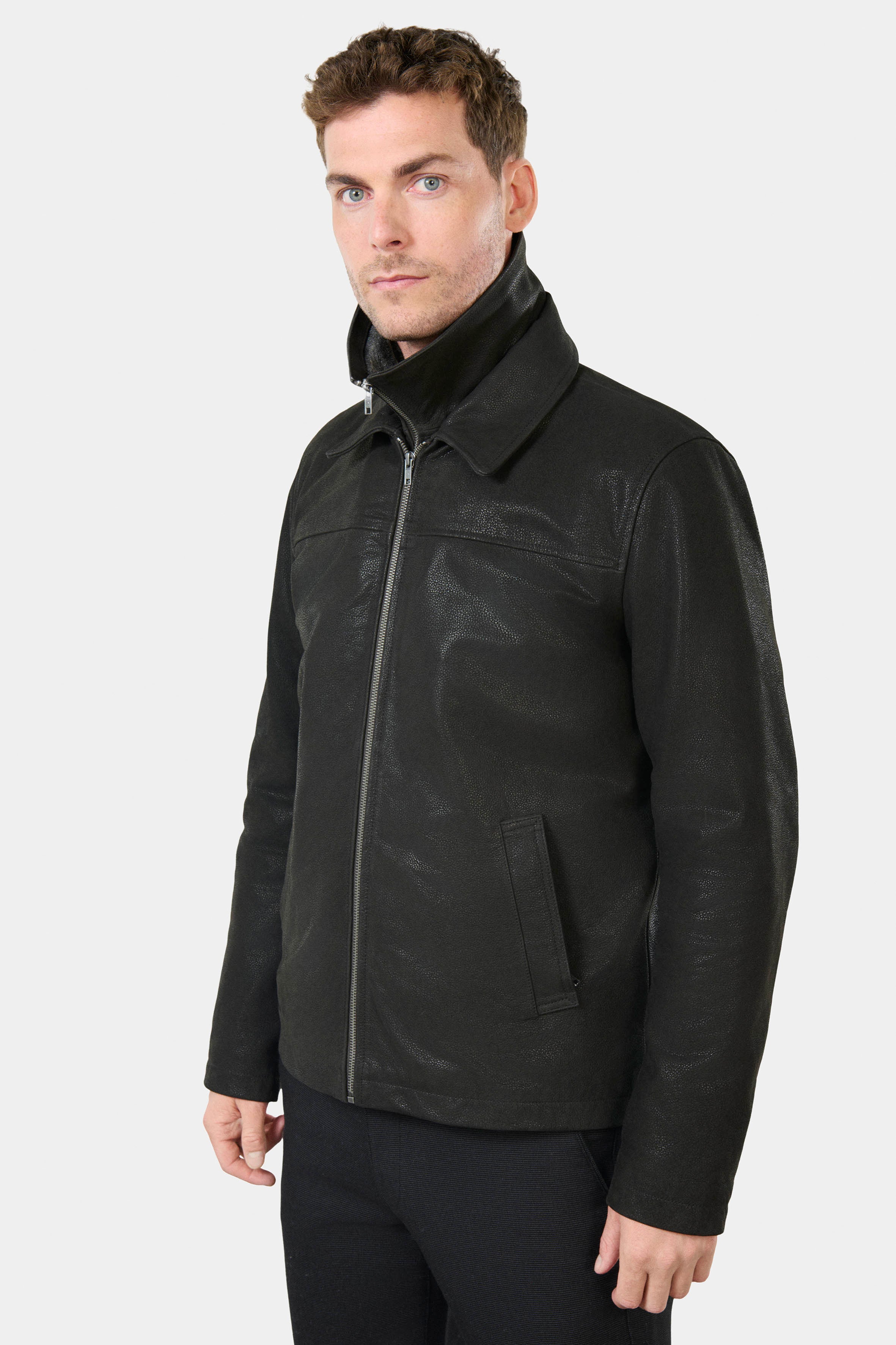 Blouson en cuir nubuck Poler Jerem, col classique, coupe droite