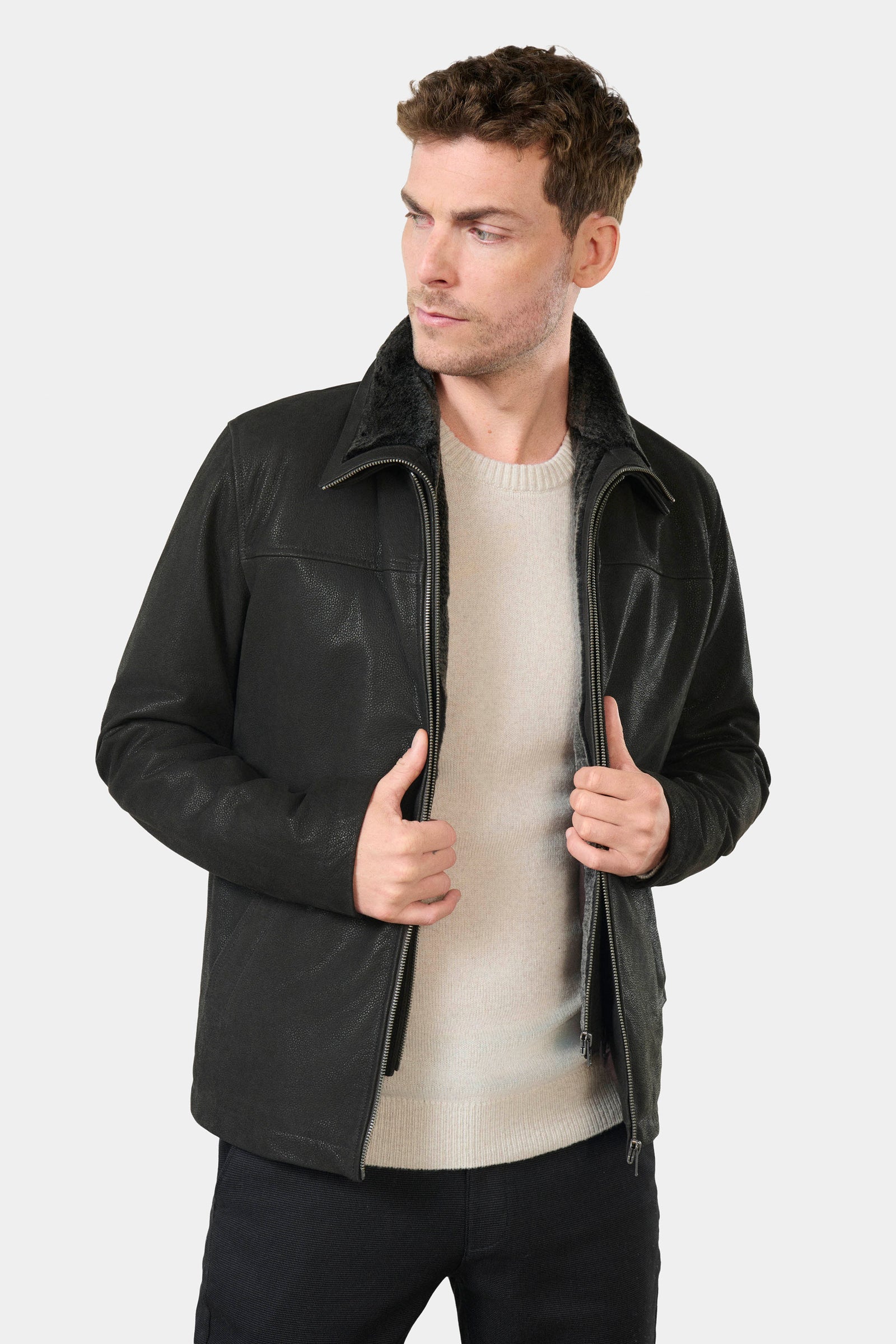 Cuir nubuck Poler — Blouson Jerem, col classique, coupe droite