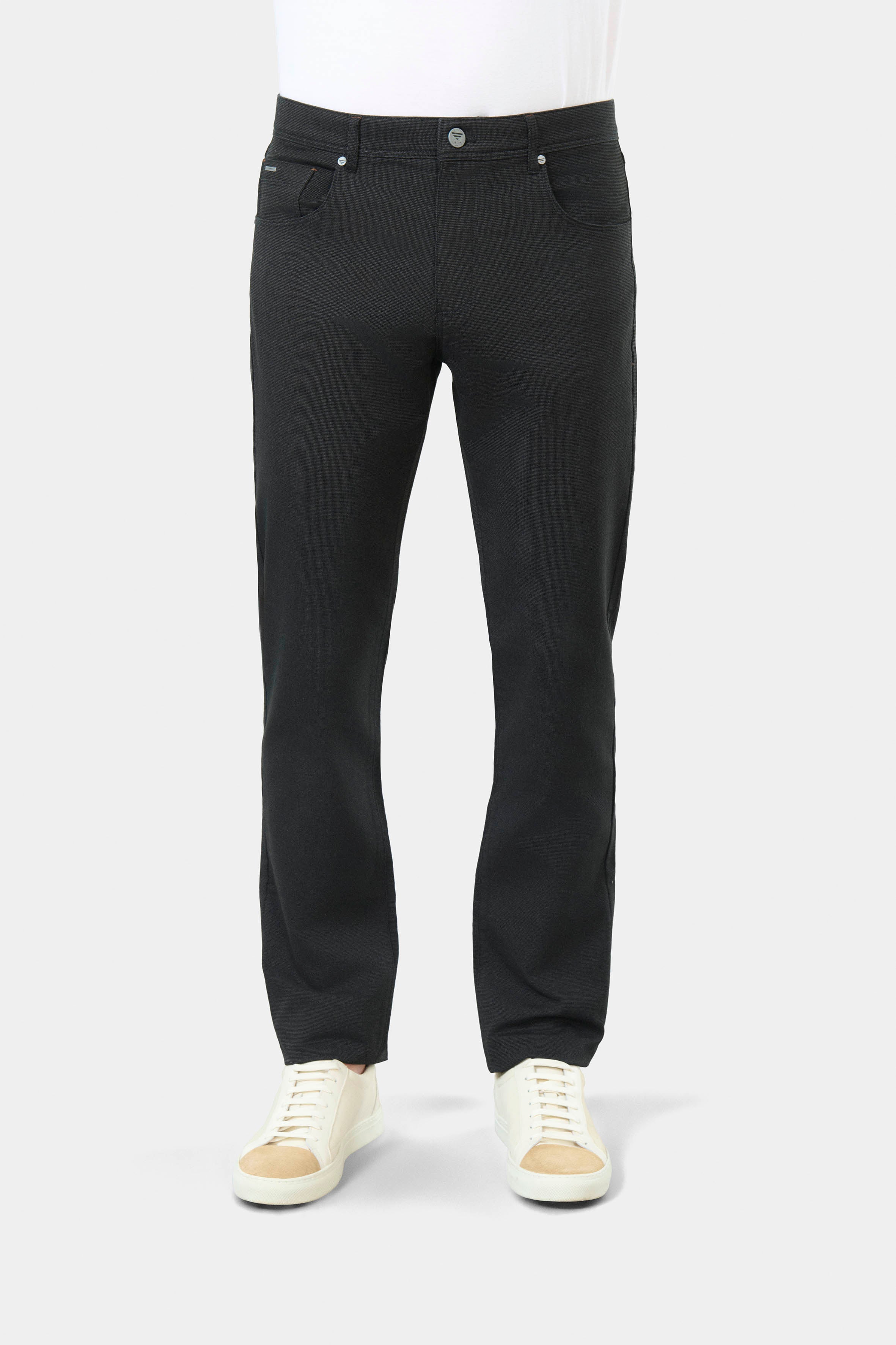 Tricotine stretch micro-motif — Pantalon cinq poches Jerem, poches plaquées surpiquées, coupe droite
