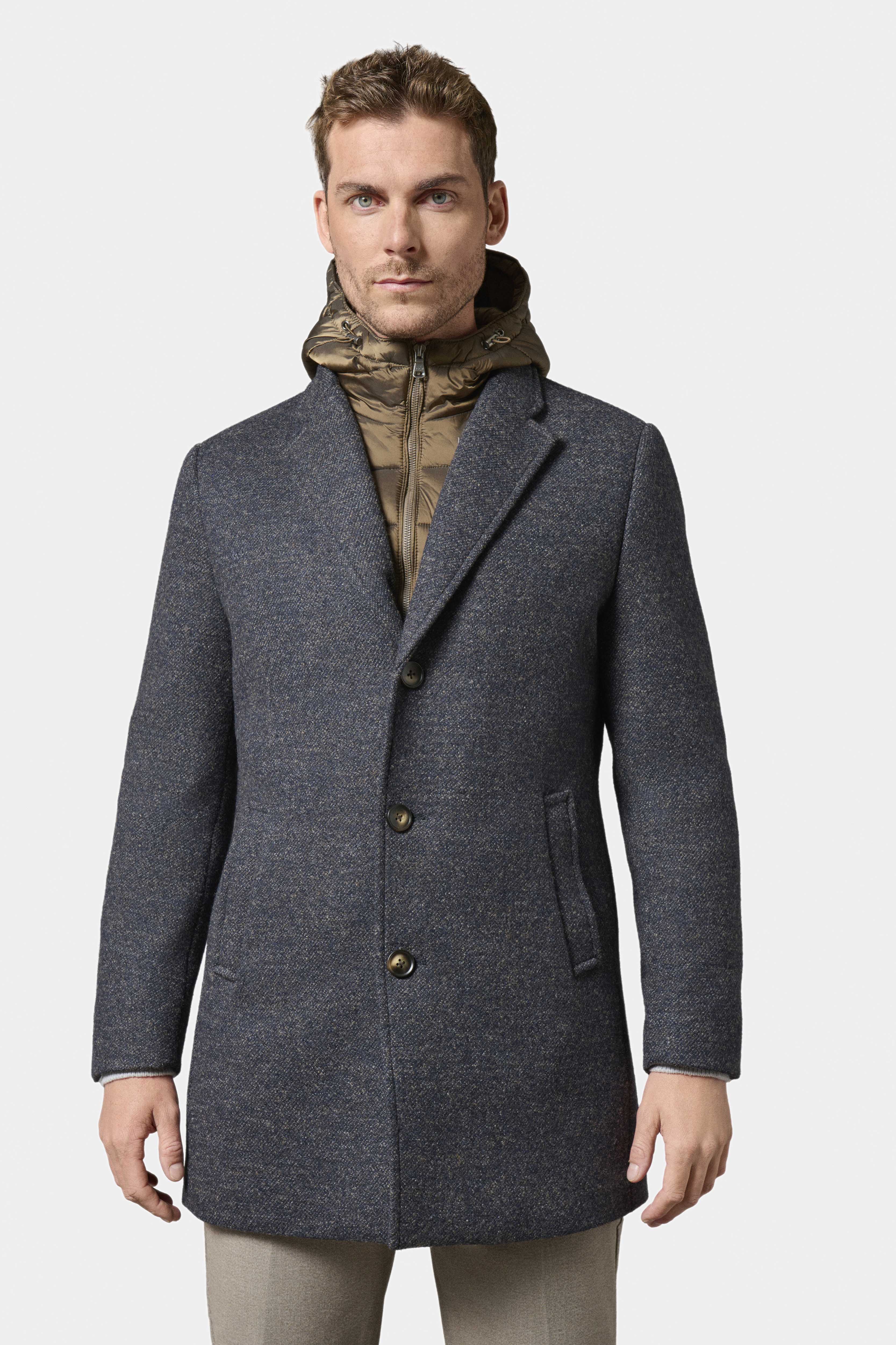 Manteau col tailleur avec plastron amovible capuche Hodlo Jerem, simple boutonnage, coupe confortable