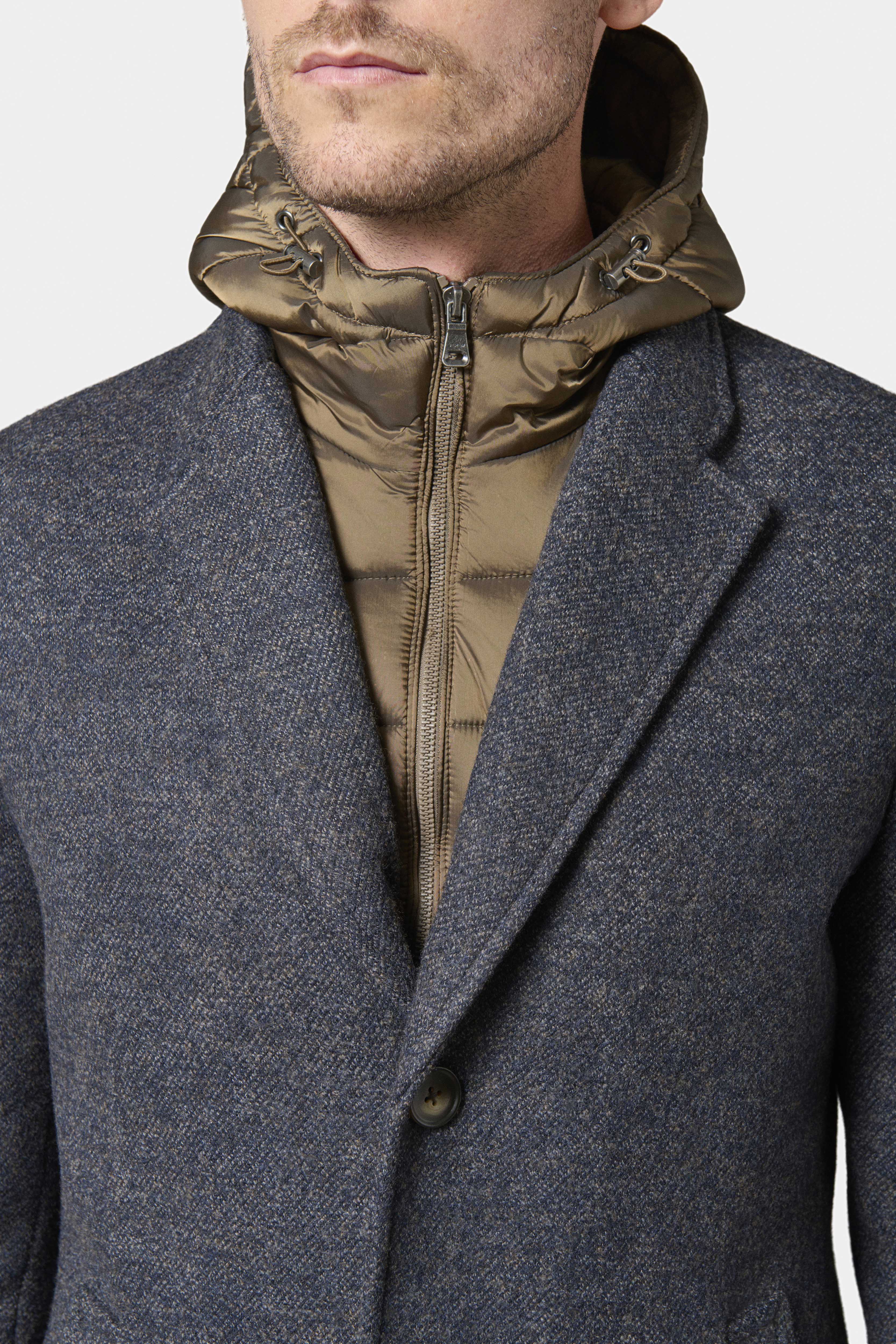 Manteau col tailleur avec plastron amovible capuche Hodlo Jerem, coupe confortable, simple boutonnage