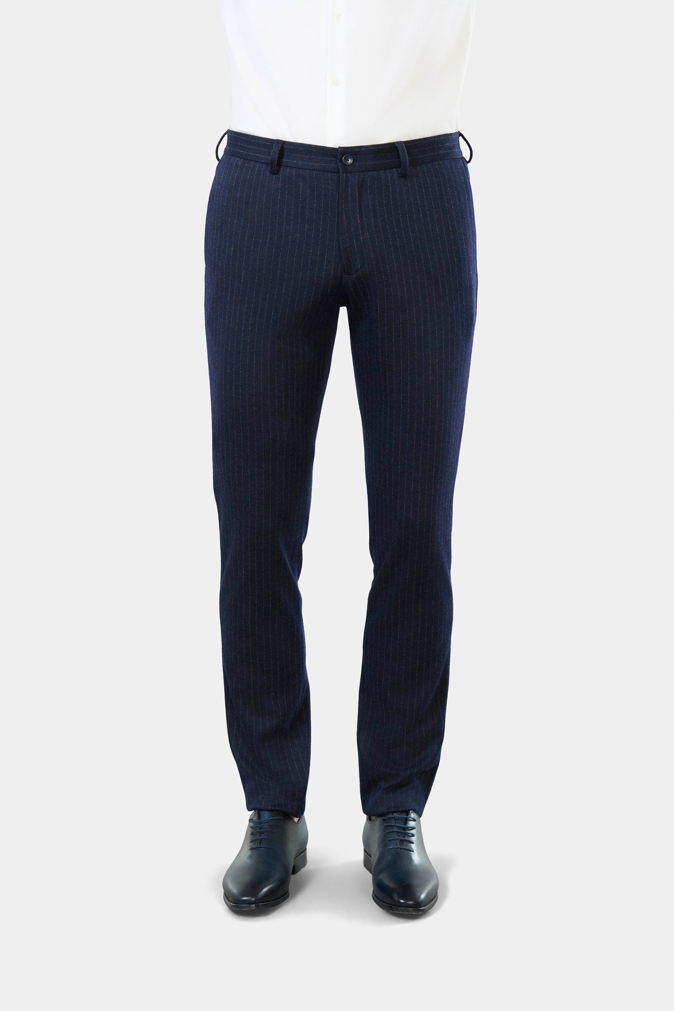 Pantalon de costume semi-élastiqué ajusté en maille de laine mélangée rayures craie Jerem