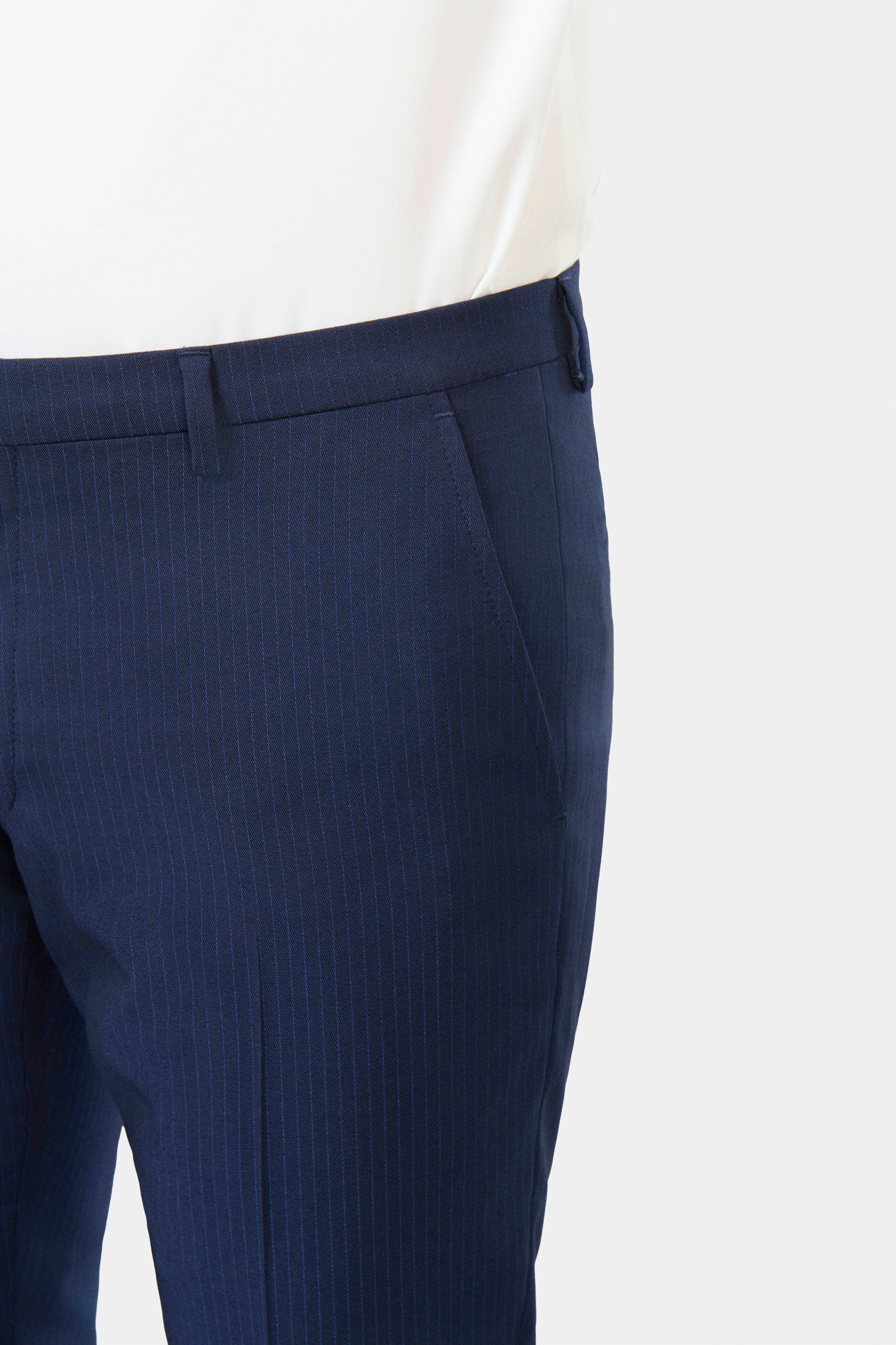Pantalon de costume ajusté, sergé rayures tennis stretch Jerem, ceinture sartoriale stretch, ceinture sartoriale