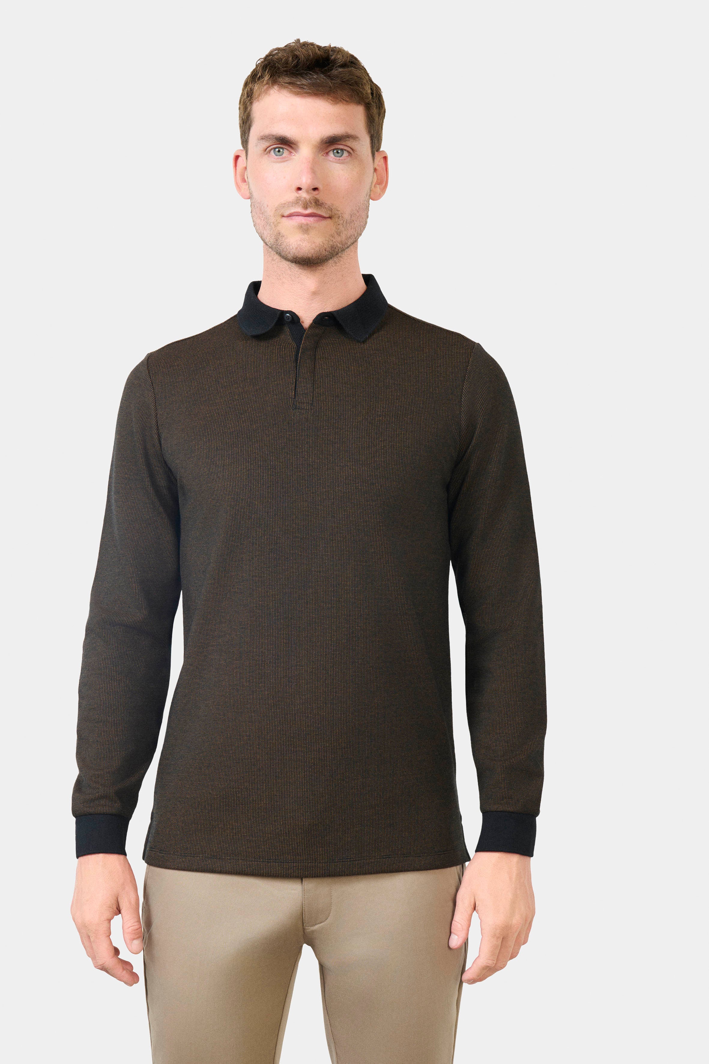 Polo manches longues en maille jacquard Batti Jerem, col polo, coupe droite
