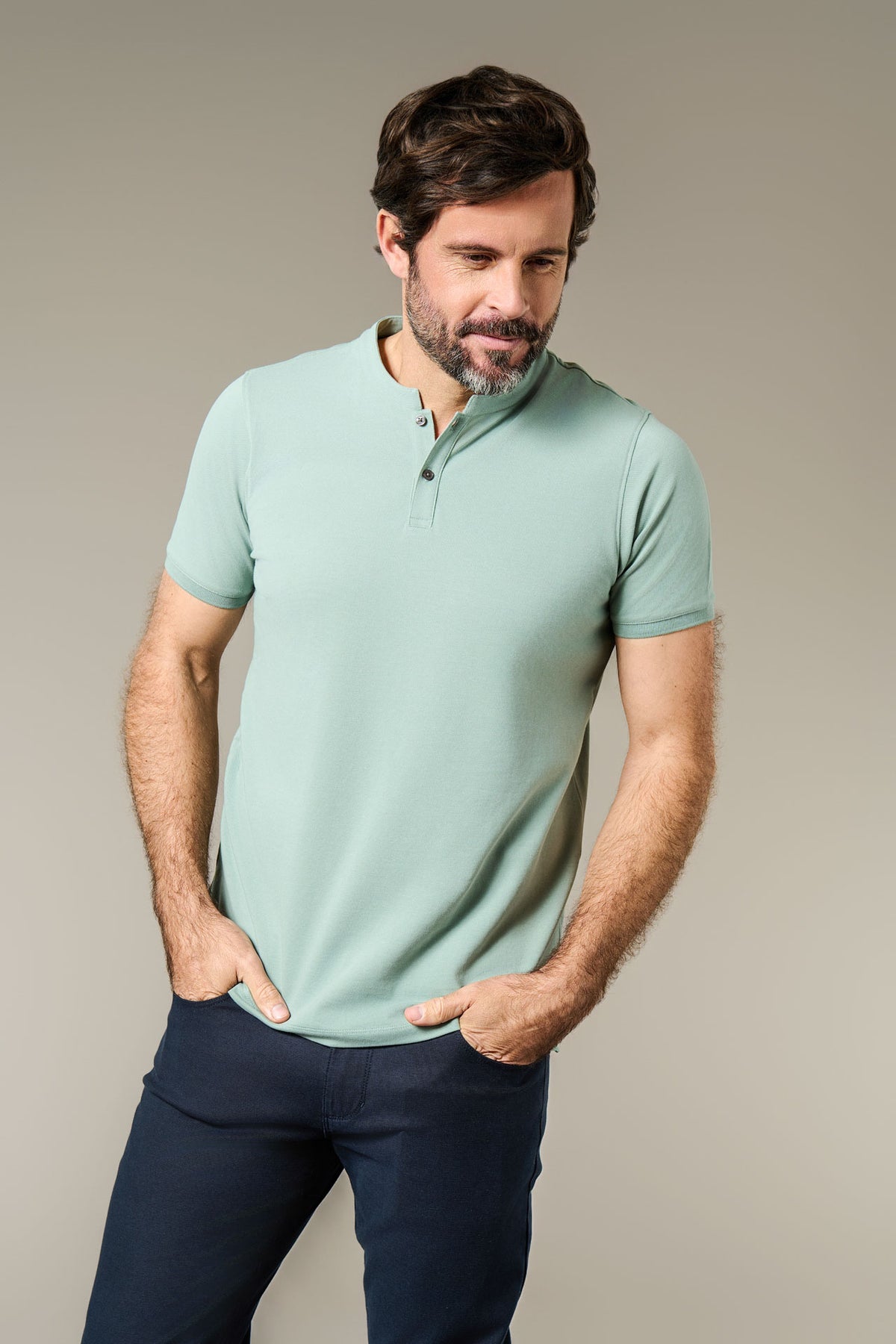 Polo curos, piqué de coton stretch col mao manches courtes Jerem, coupe ajustée, col mao