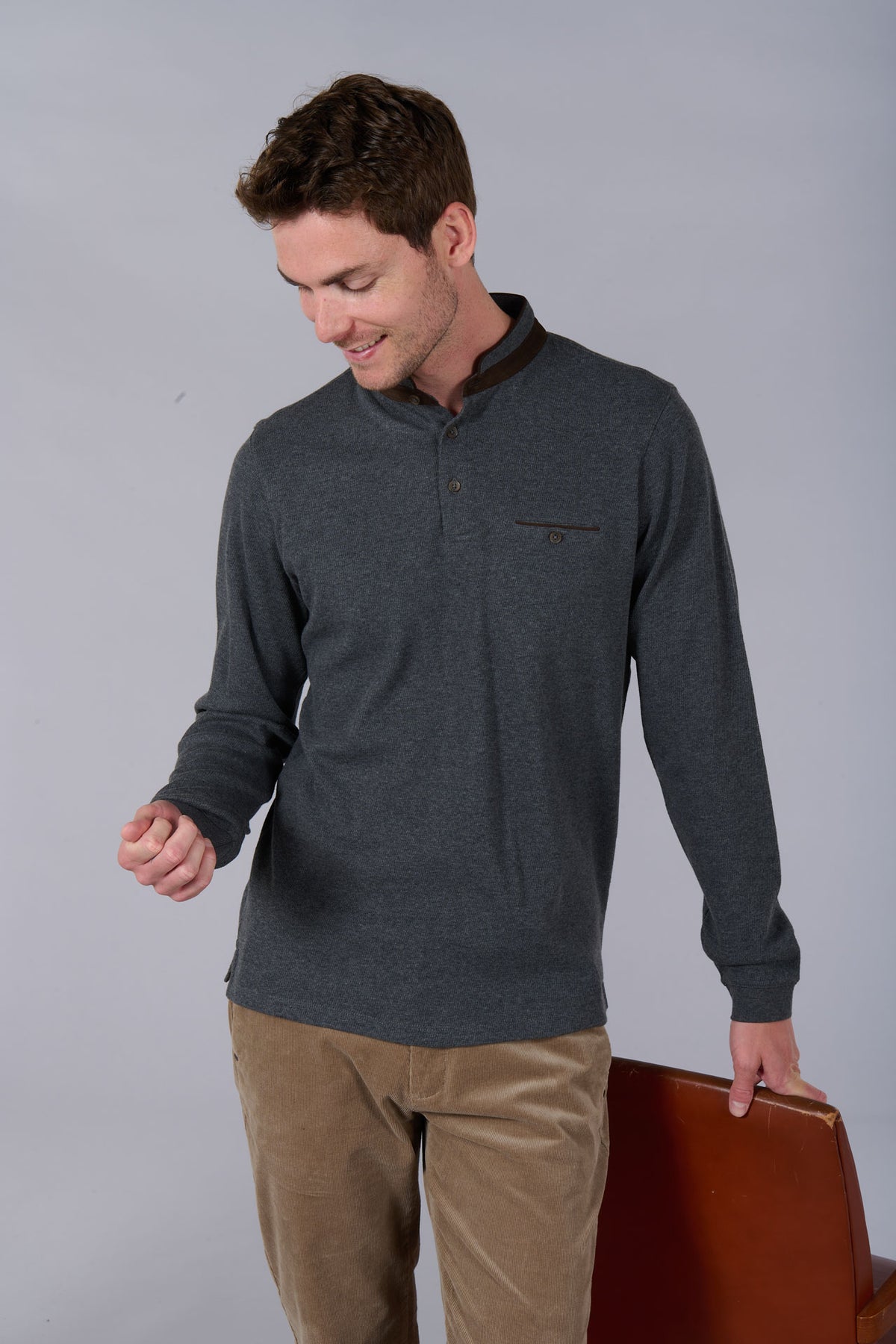 Cyran mandarin collar polo by Jerem, chest pocket