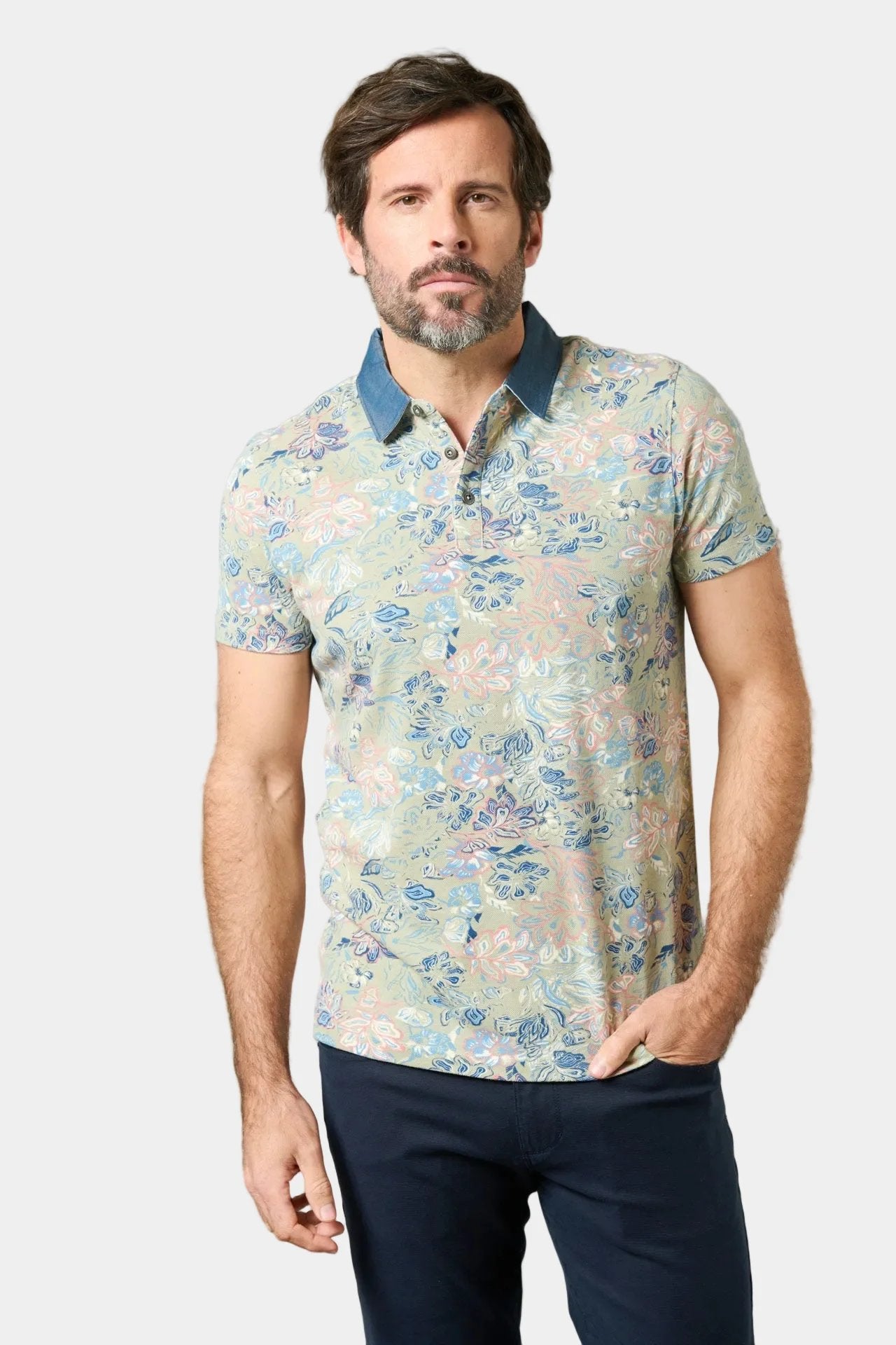 Piqué de coton motif fantaisie avec col chemise manches courtes — Polo vadel Jerem, col chemise, manches courtes