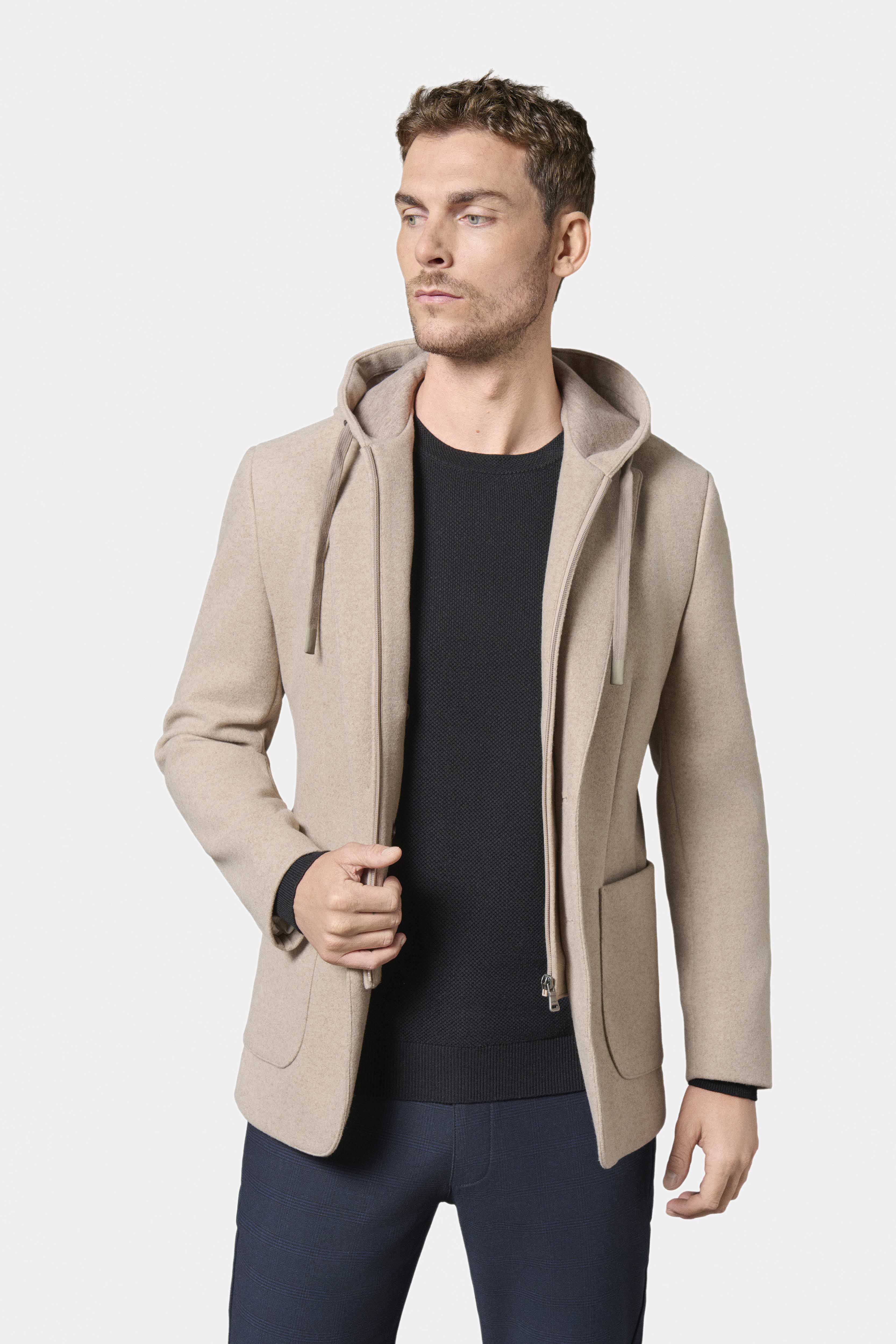Veste capuche et plastron amovible, drap de laine Jerem, entièrement doublée, poche poitrine