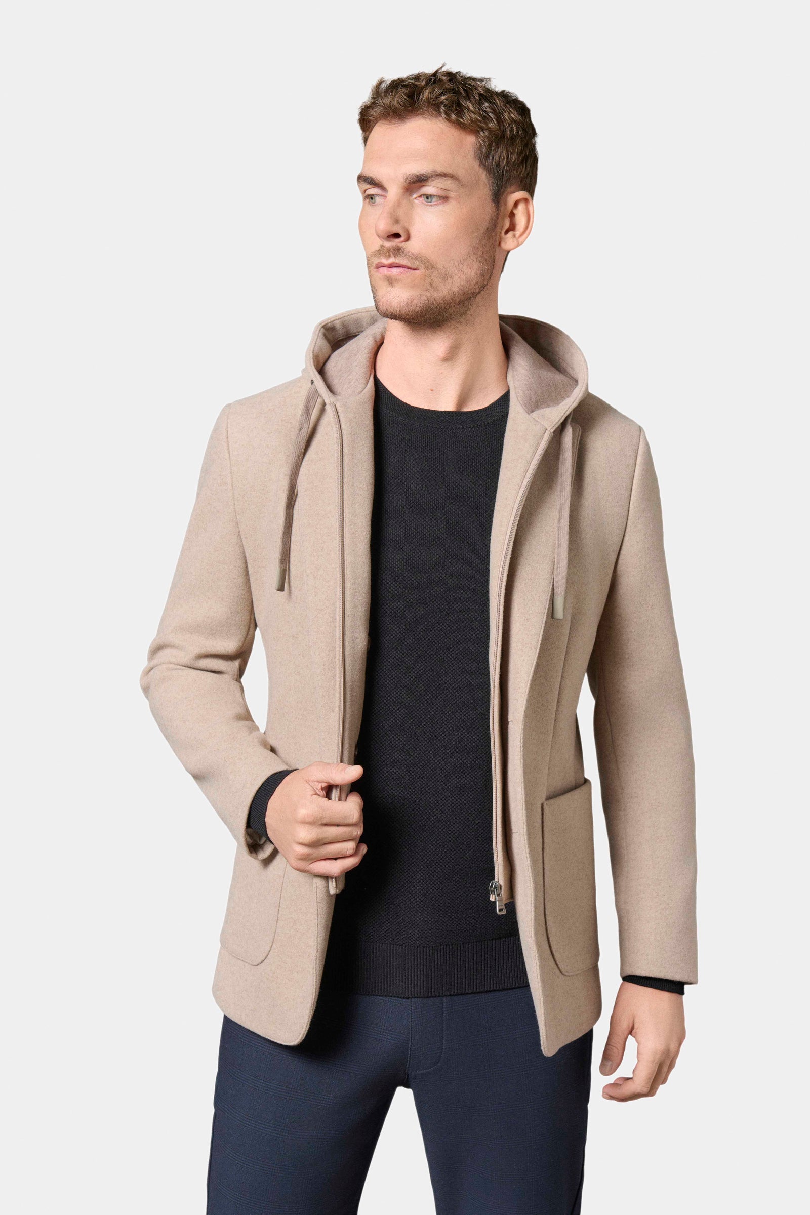 Veste capuche et plastron amovible, drap de laine Jerem, entièrement doublée, poche poitrine