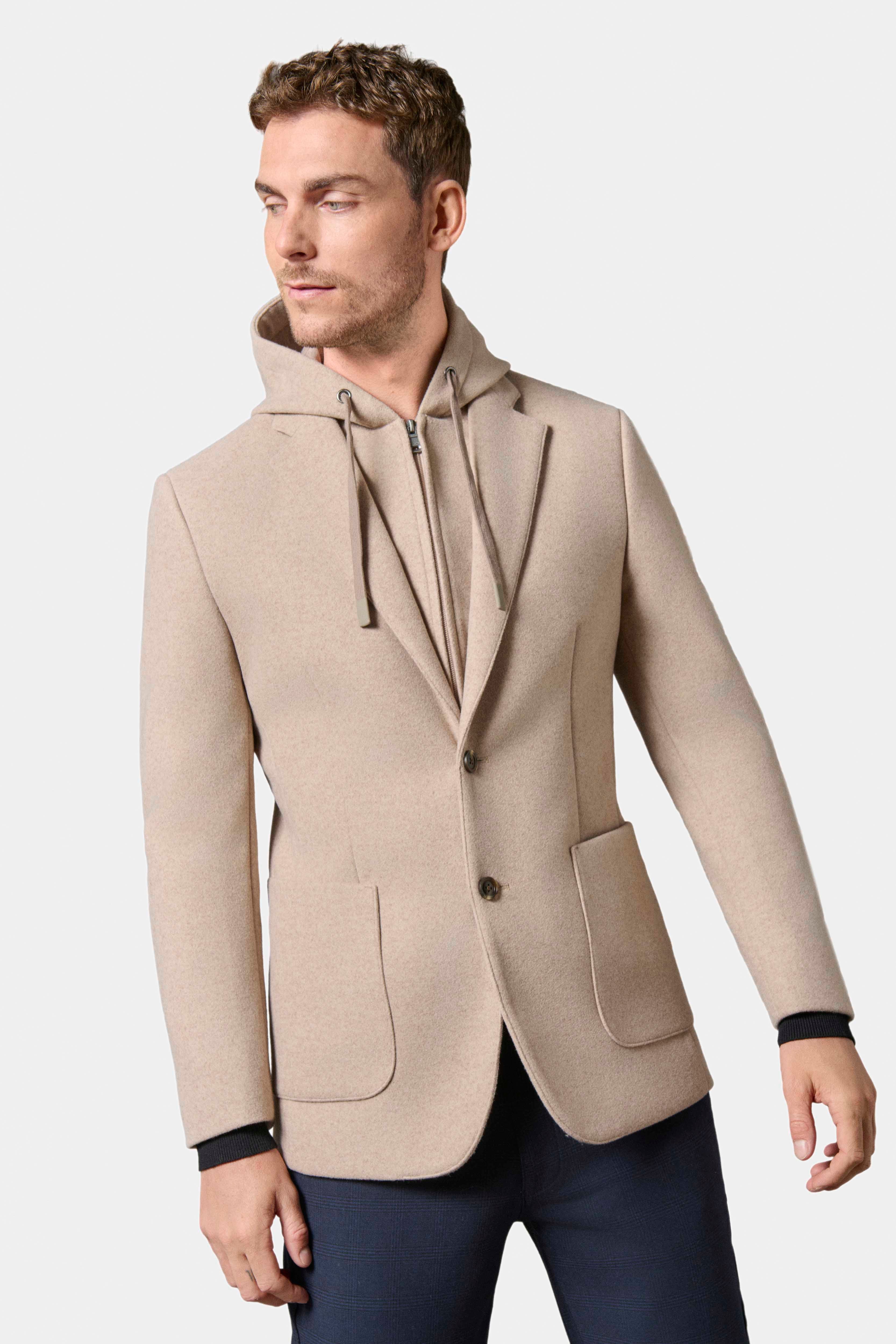Veste capuche et plastron amovible en drap de laine Jerem, col cranté, entièrement doublée, poche poitrine