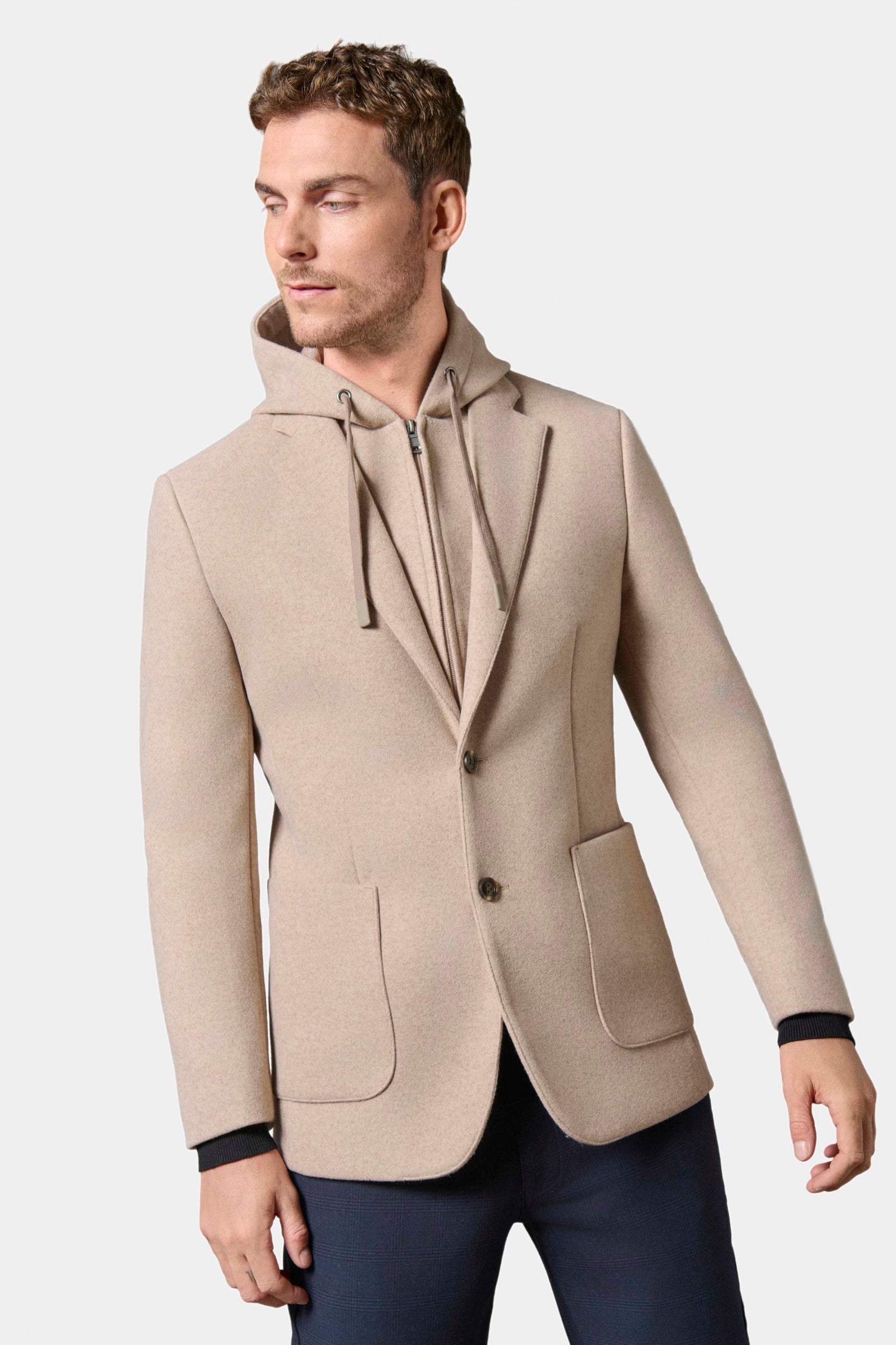 Veste capuche et plastron amovible en drap de laine Jerem, col cranté, entièrement doublée, poche poitrine