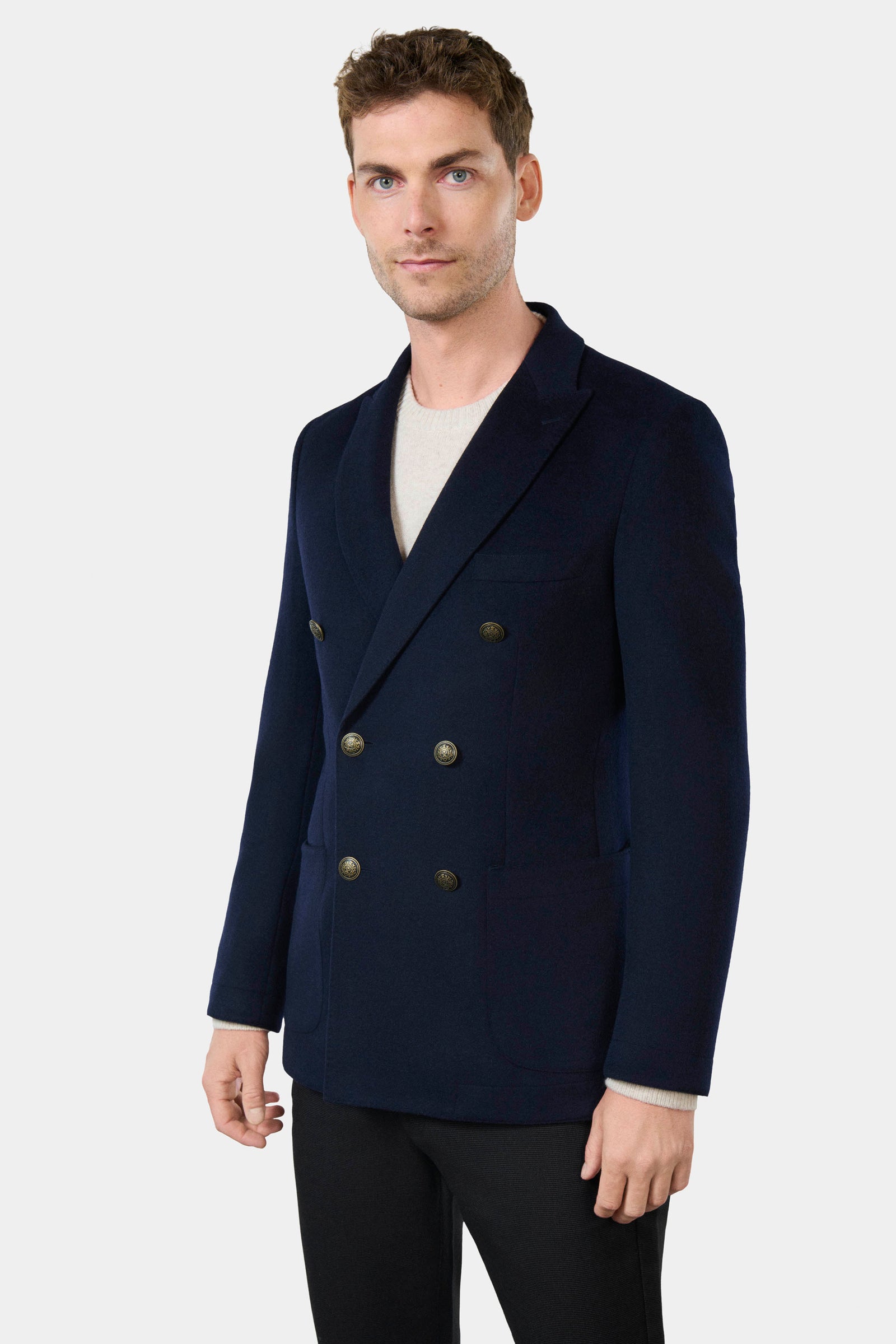 Blazer croisé en drap de laine effet poulain Jerem, col en pointe, entièrement doublée, poches plaquées surpiquées