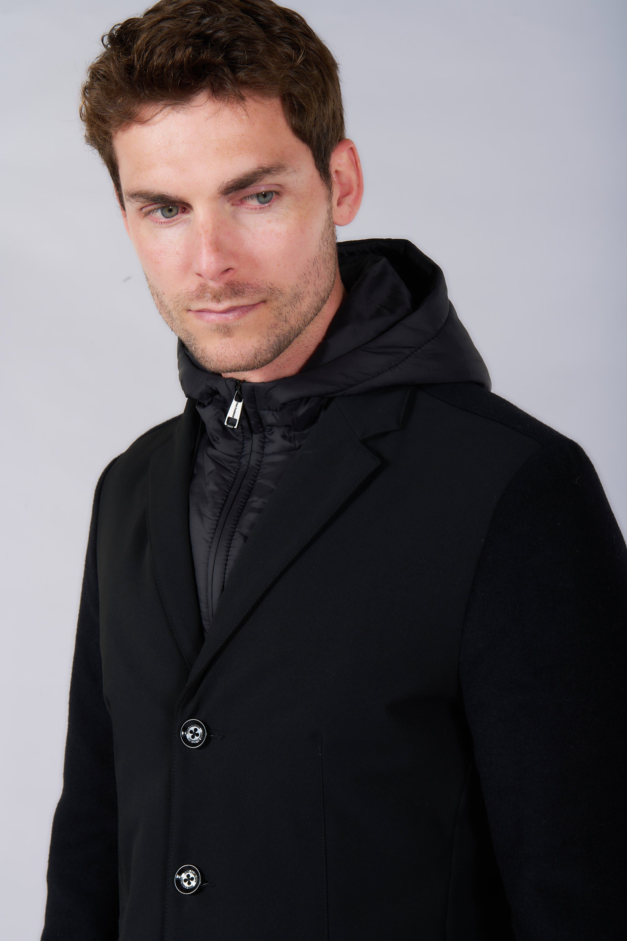 Veste technique bi-matiëre avec plastron amovible Jerem, simple boutonnage, coupe droite