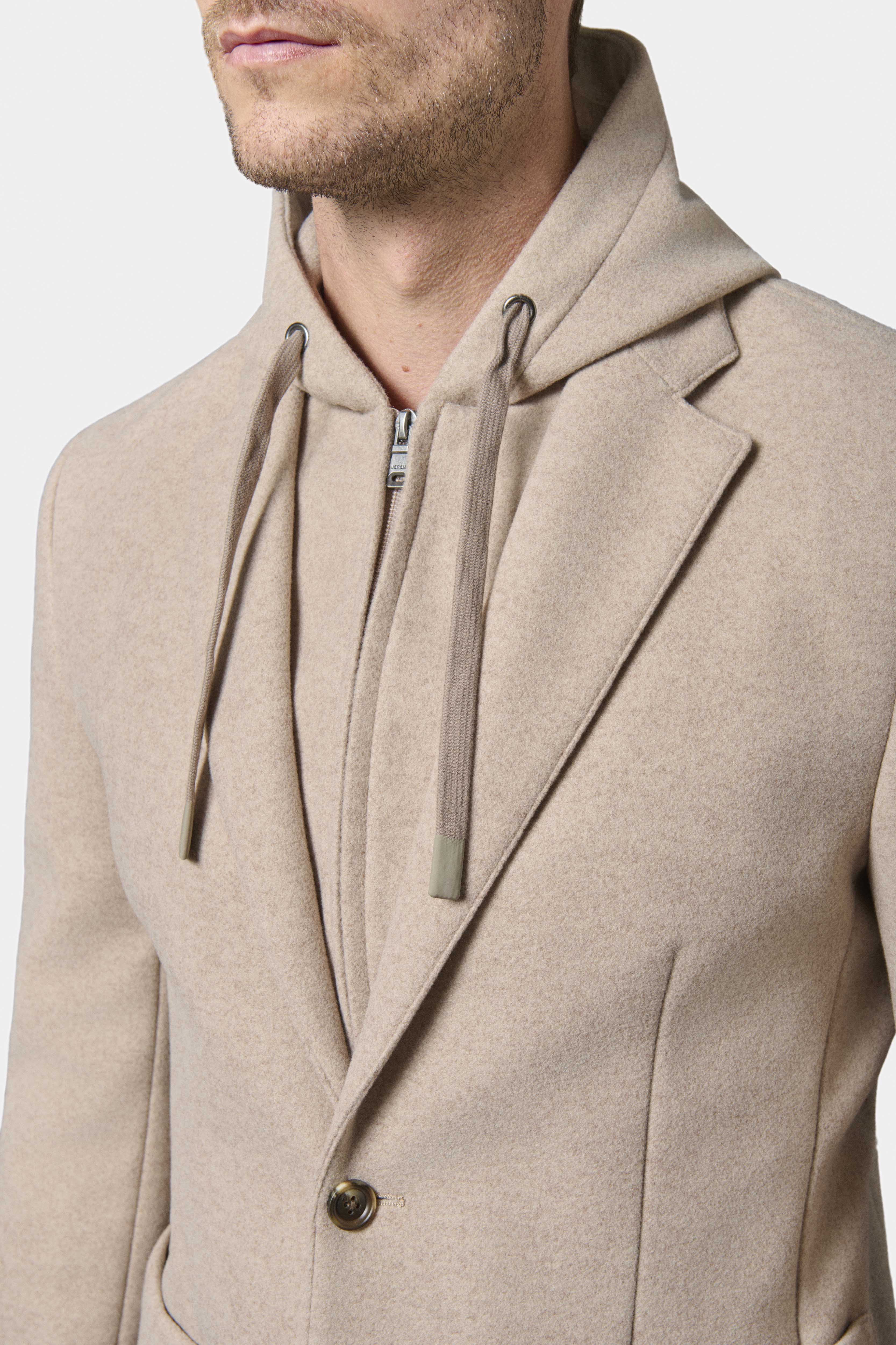 Drap de laine — Veste capuche et plastron amovible Jerem, poche poitrine, simple boutonnage