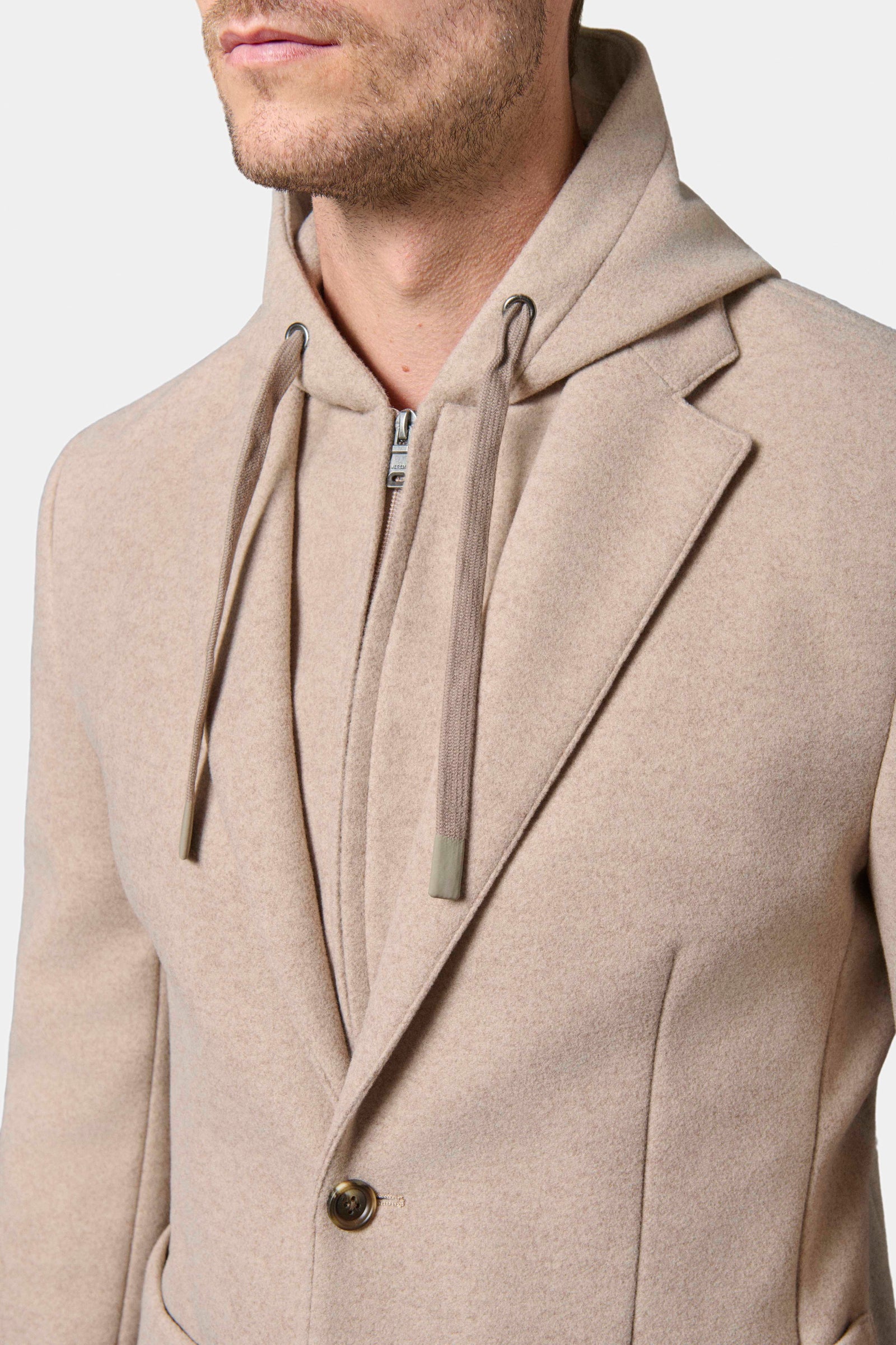 Drap de laine — Veste capuche et plastron amovible Jerem, poche poitrine, simple boutonnage